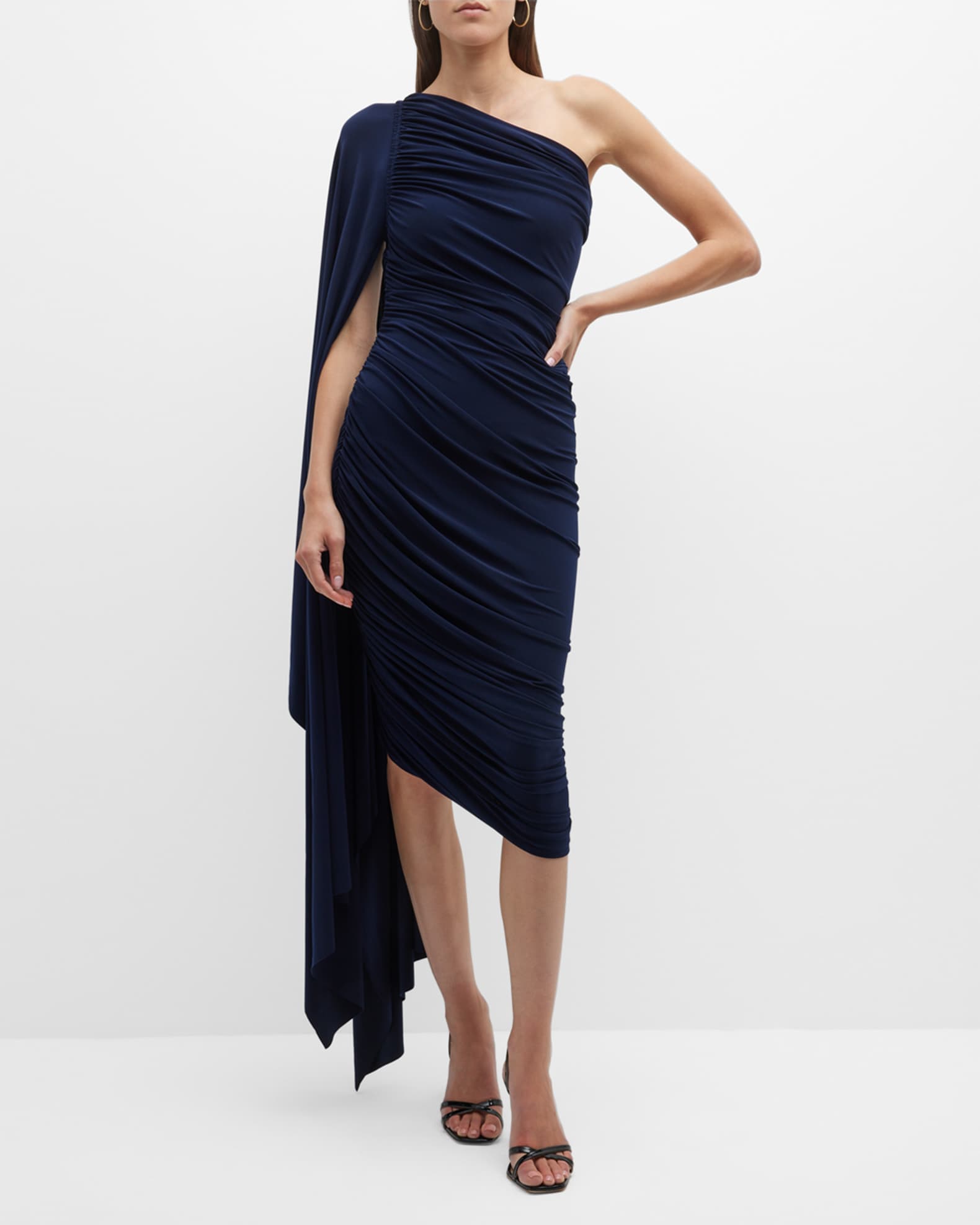 Norma Kamali Diana Cape-Sleeve Asymmetric Mini Dress