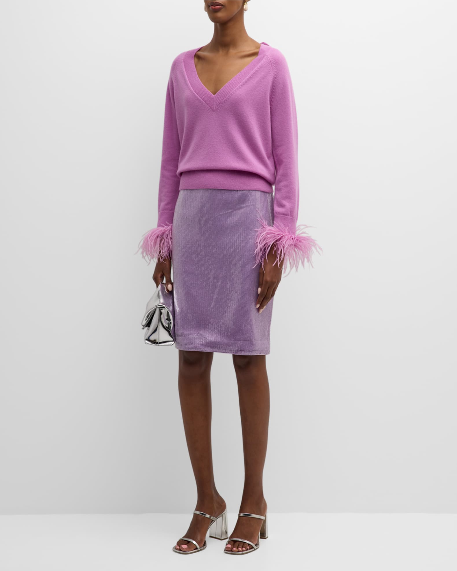 Milly MIY Feather Cuff V-Neck Ong Seeve Sweater MIY Pink Arge