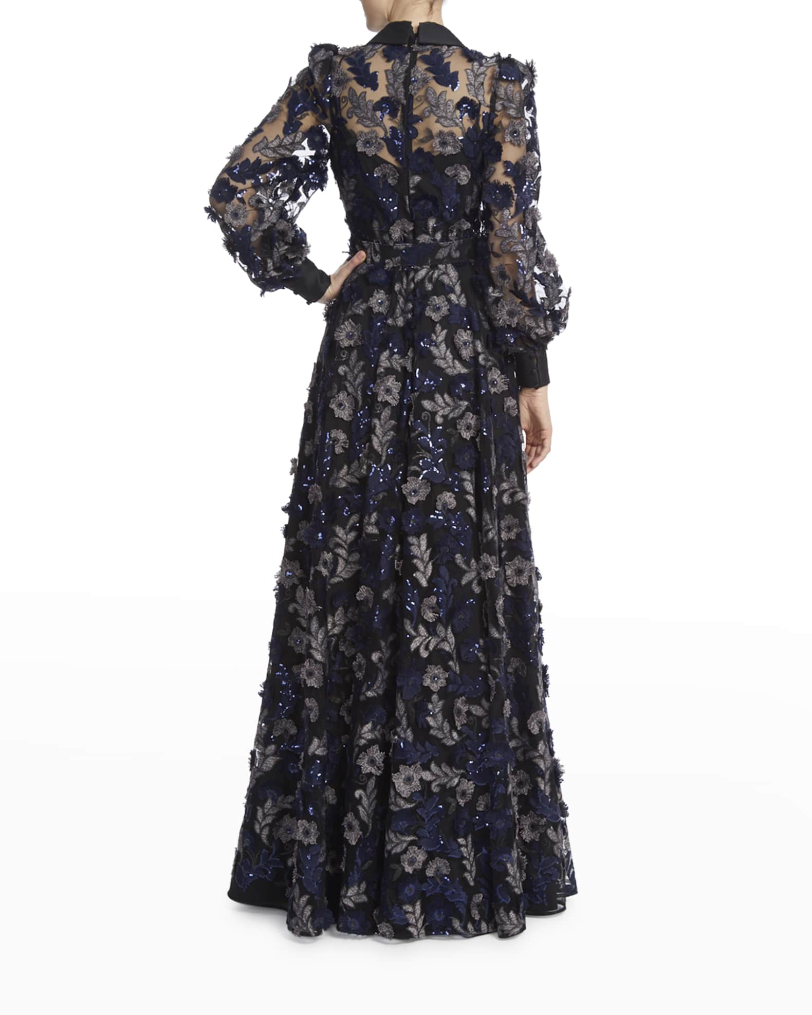 Badgley Mischka Collection Flower Embellished Shirt Gown | Neiman Marcus