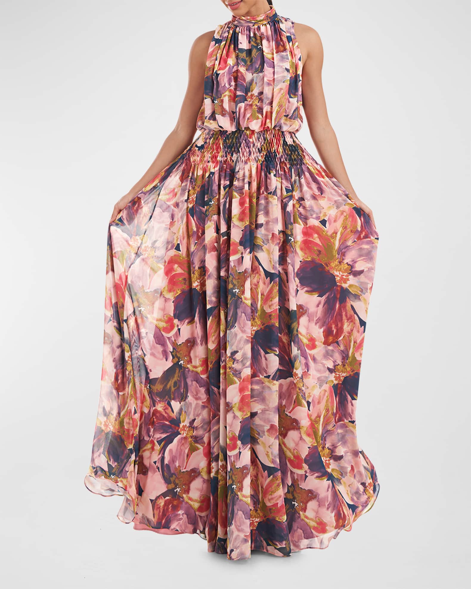 Kay Unger New York Floral High-Neck Maxi Dress | Neiman Marcus