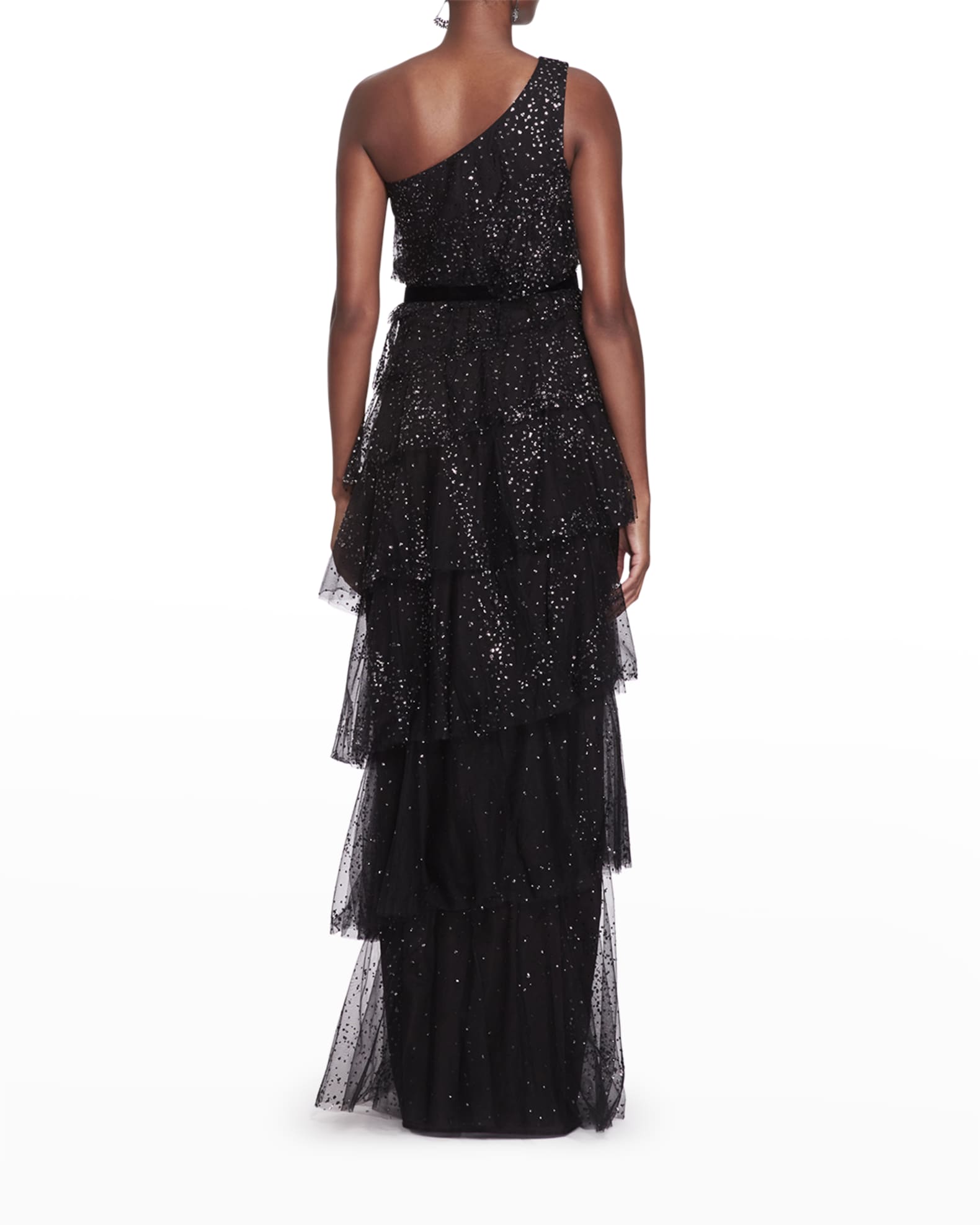 Marchesa Notte One-Shoulder Tiered Glitter Tulle Gown | Neiman Marcus