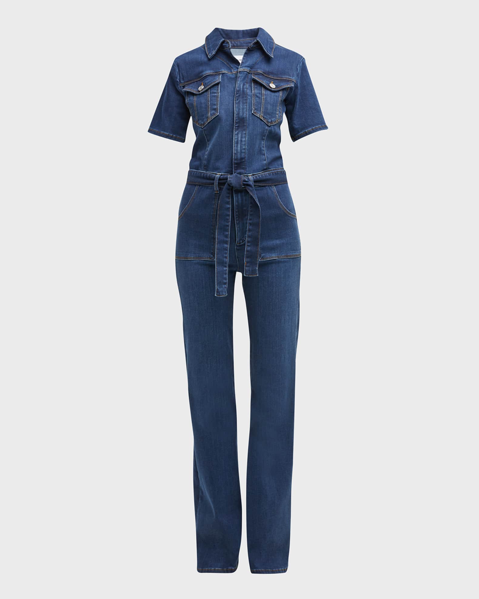 Mid Blue Button Front Skinny Denim Jumpsuit - Francina