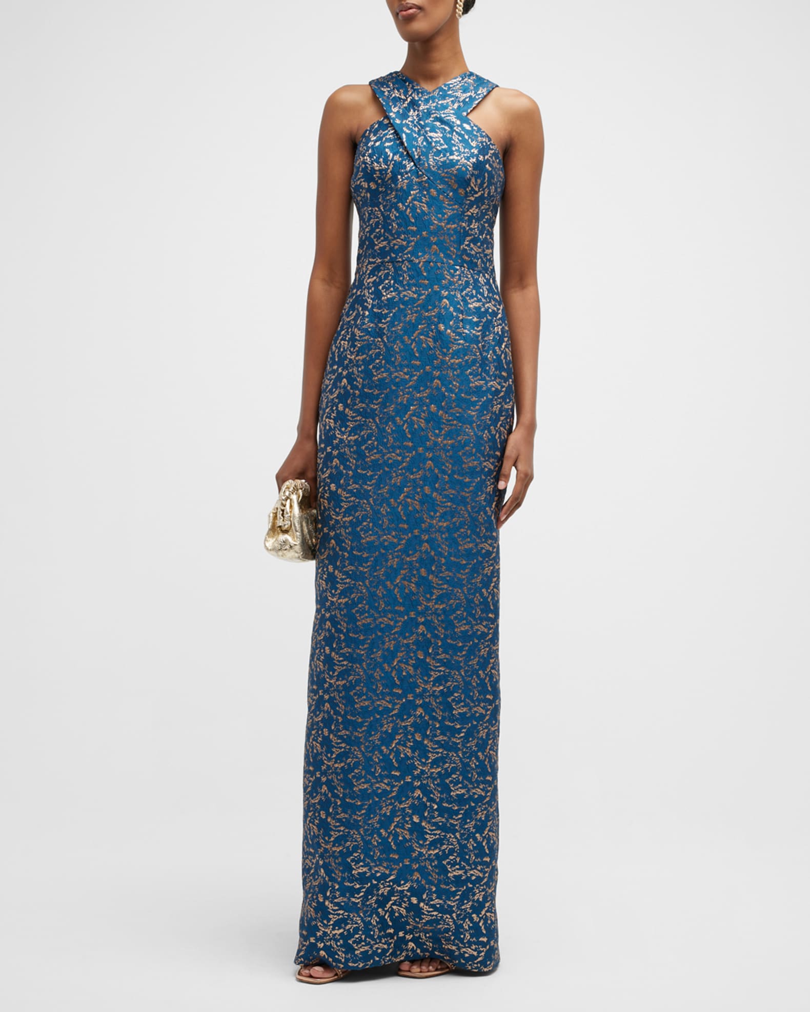 Rickie Freeman for Teri Jon Crossover Metallic Jacquard Halter Gown ...