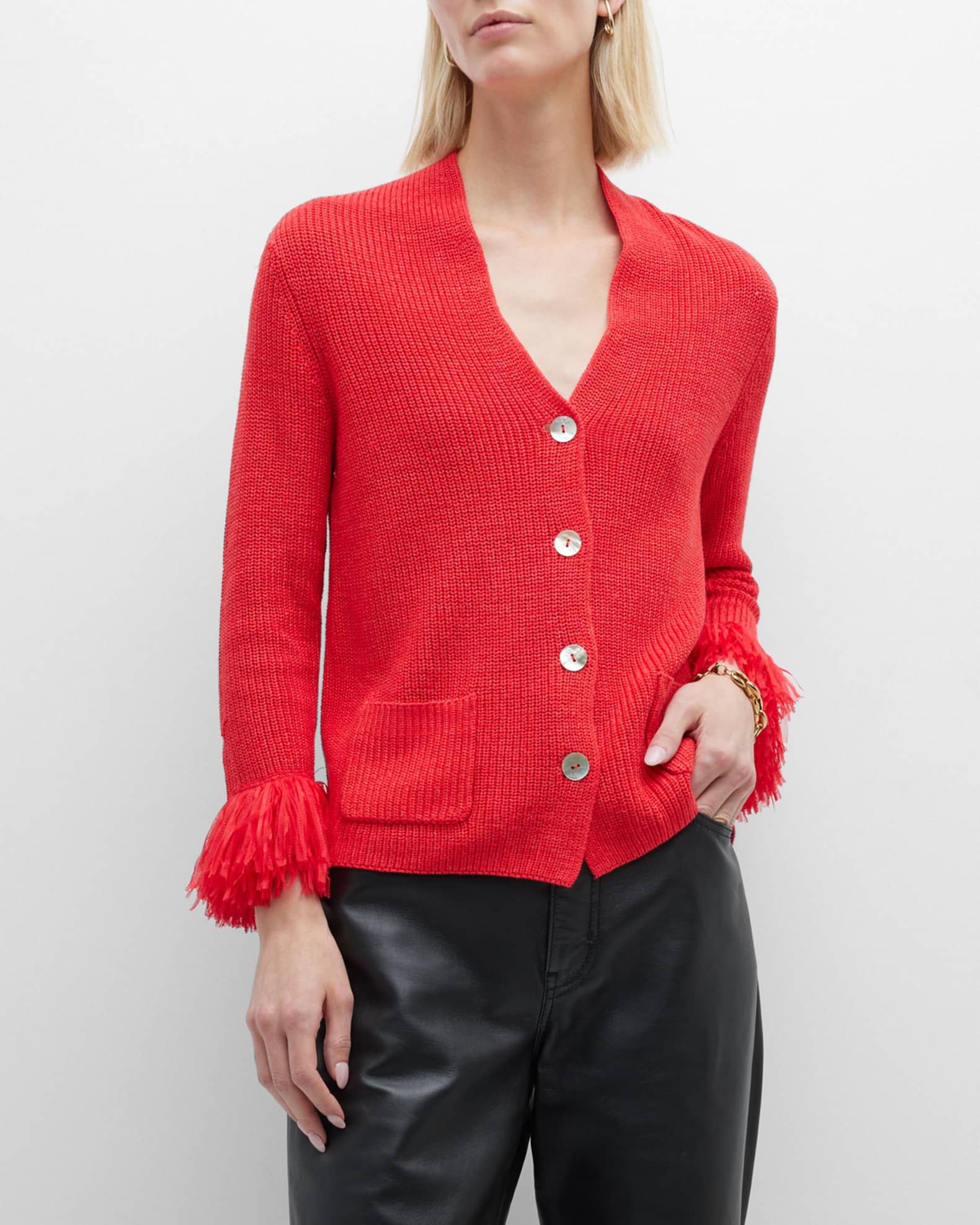 NIC+ZOE Petite Night Fall Fringe-Trim Button-Down Cardigan | Neiman Marcus