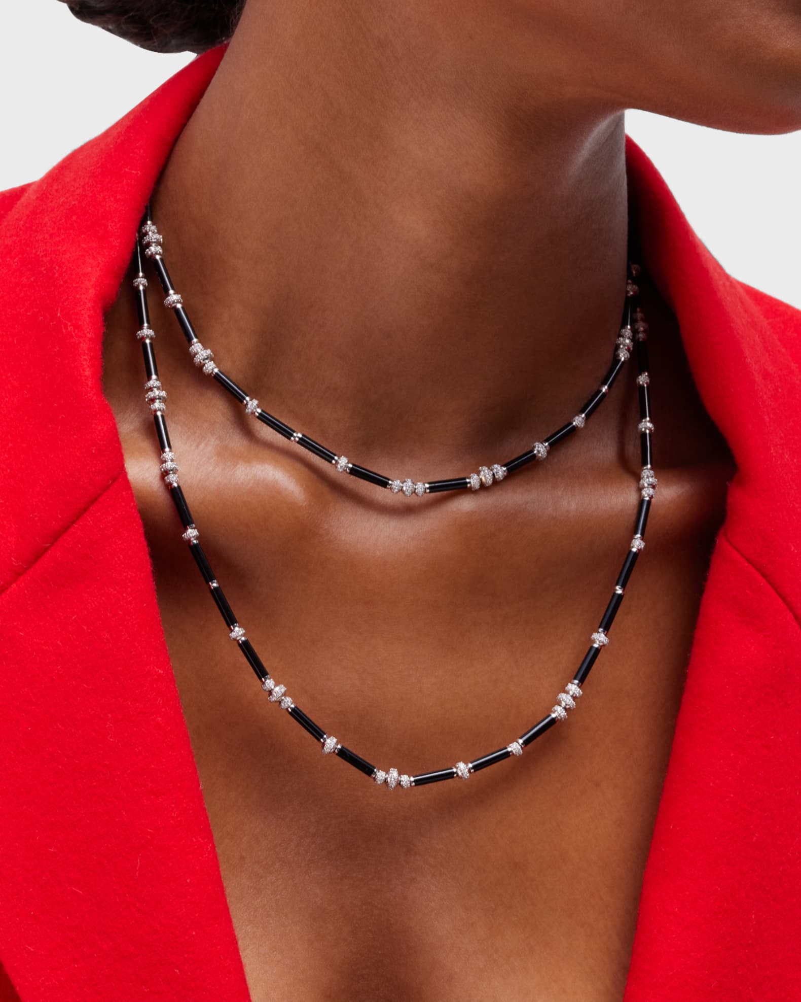 Nikos Koulis Oui Short Black Cord Necklace with Diamonds and Black Enamel, WG, Women's, Necklaces Diamond Necklaces