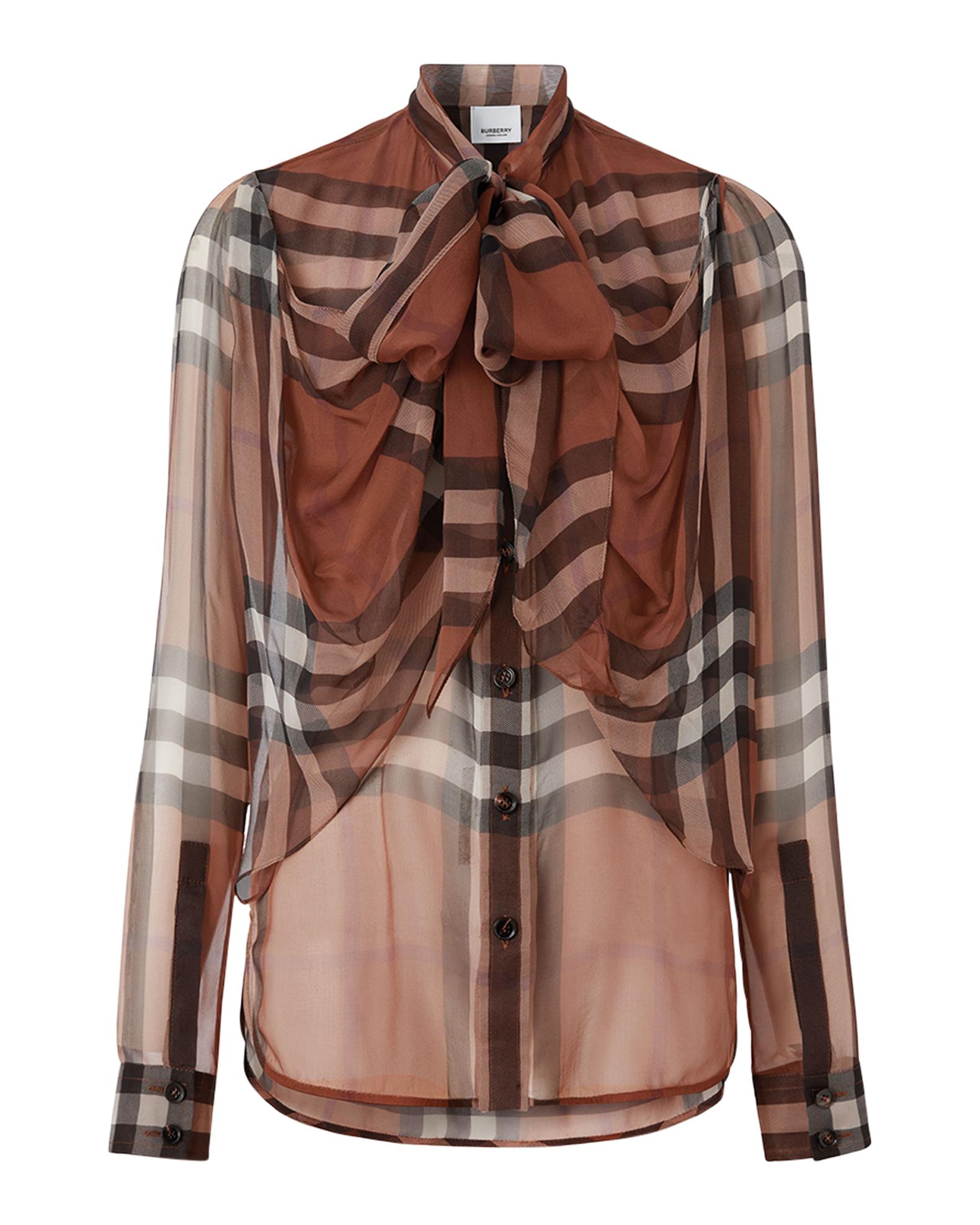 Burberry Birch Check Bow Draped Silk Chiffon Blouse | Neiman Marcus