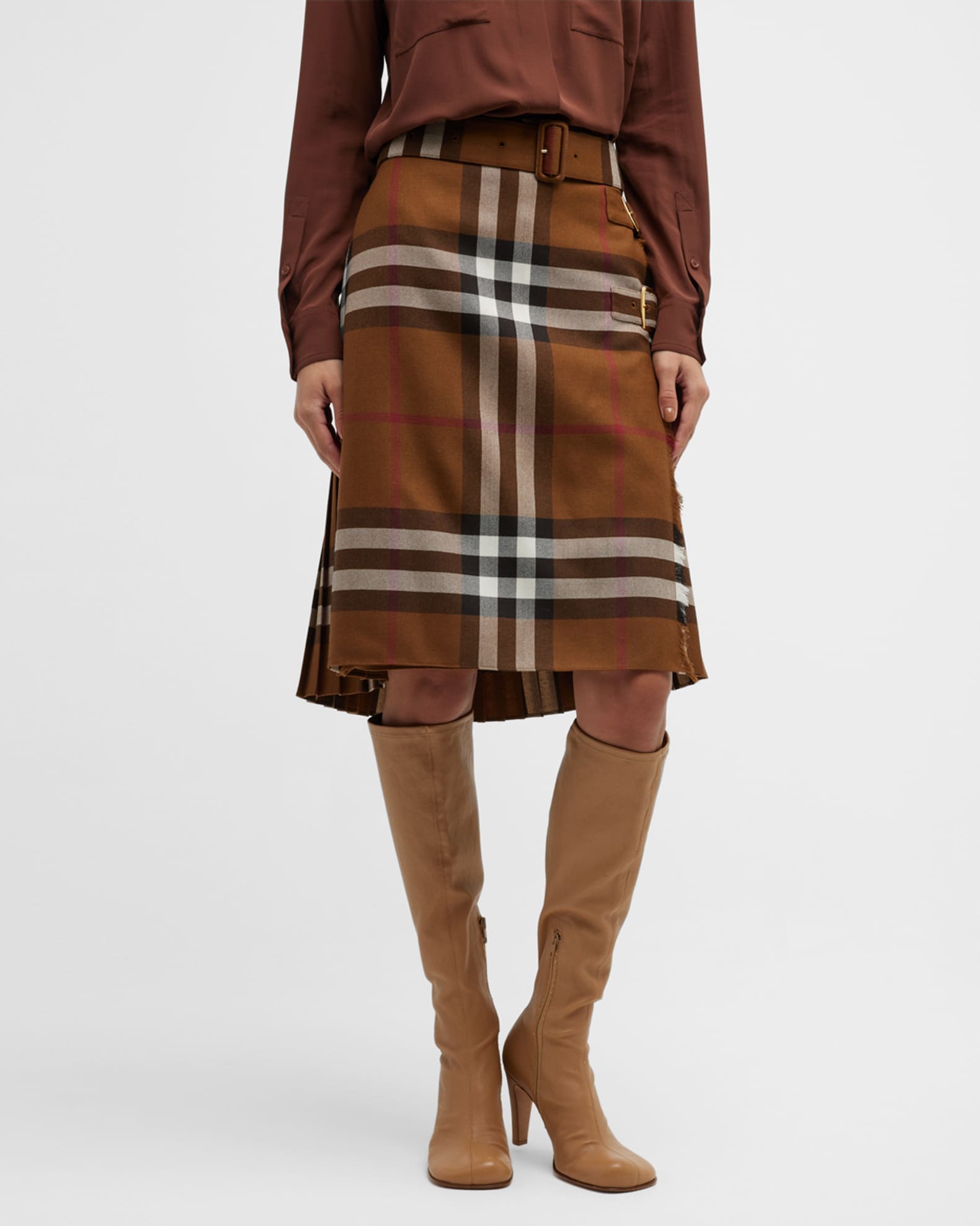 Burberry Check Pleated Belted Midi Kilt Skirt | Neiman Marcus