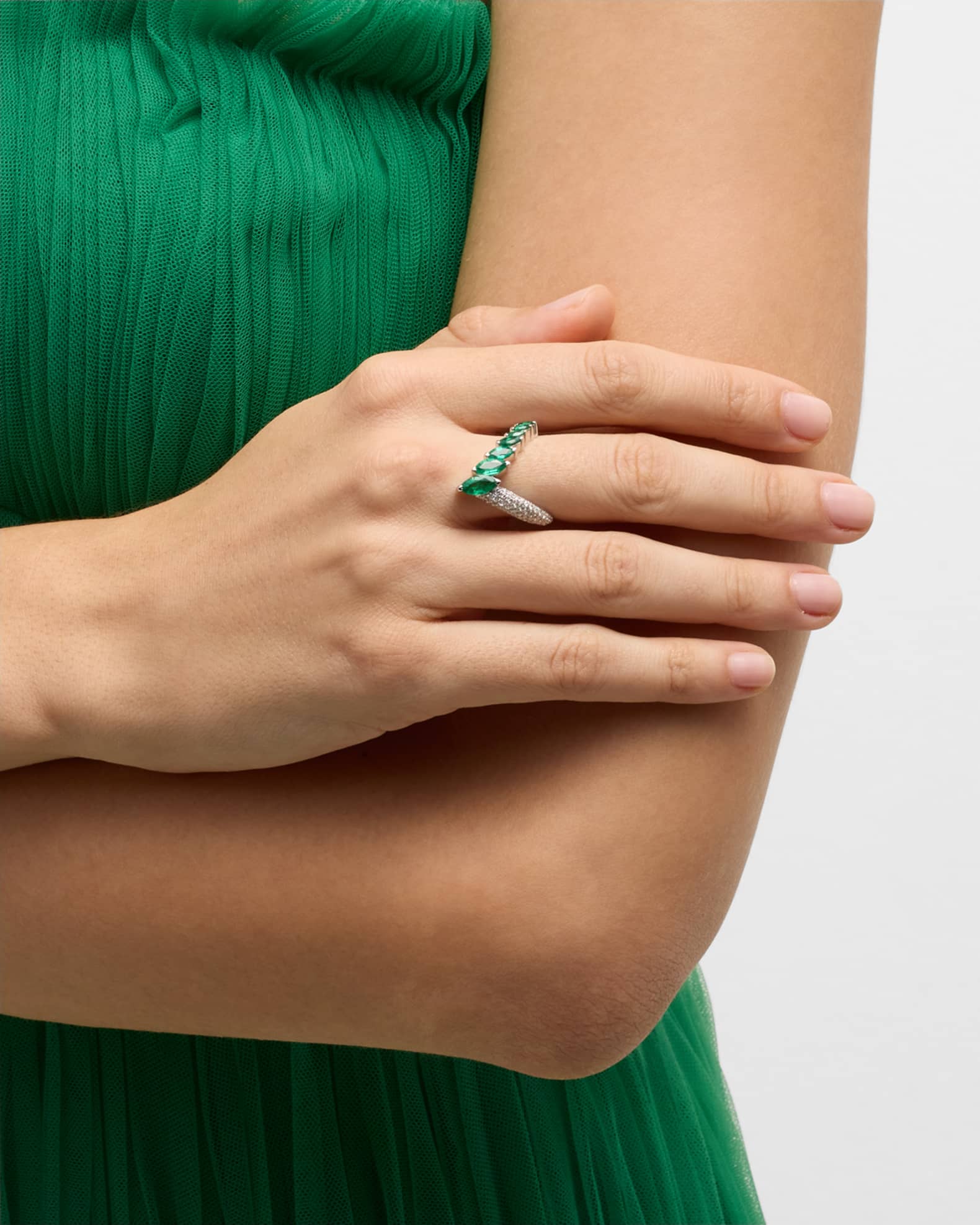 18K White Gold Oui Ring with Marquise Emeralds and Pave White Diamonds 1
