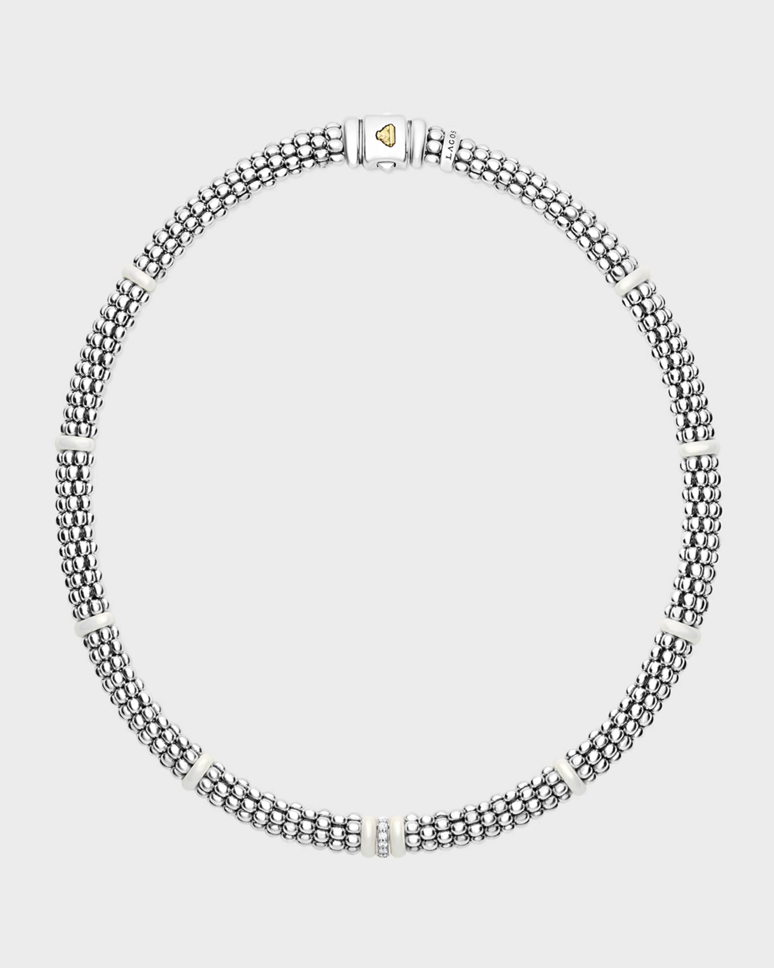 LAGOS Sterling Silver and Gold White Caviar White Ceramic Diamond Link Necklace