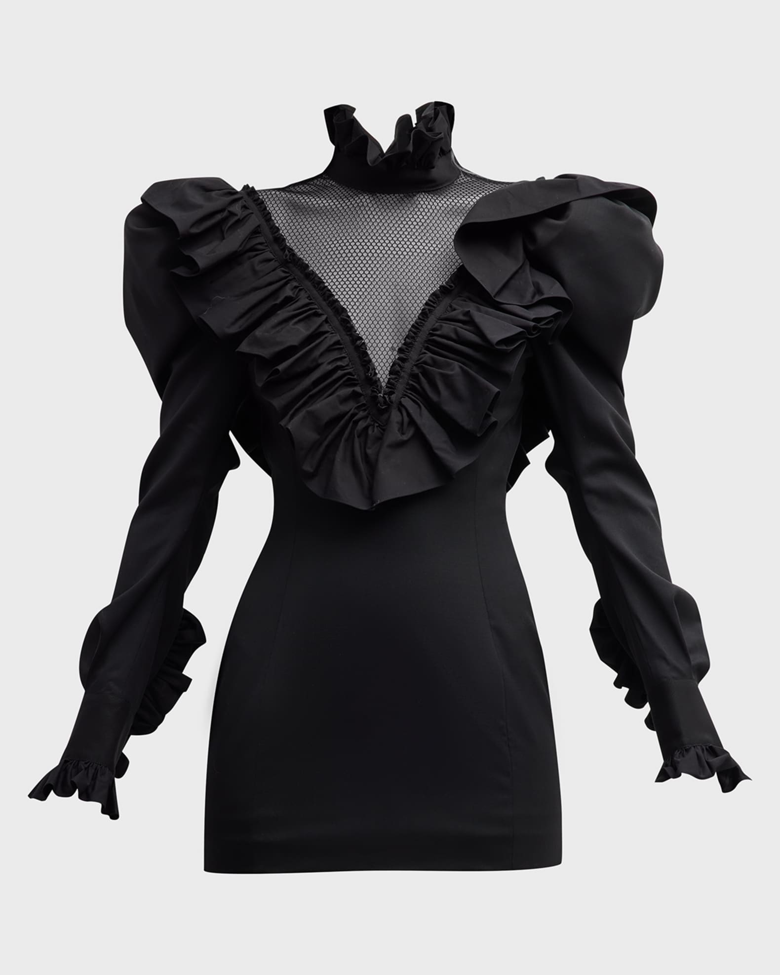 UNTTLD Marilla Ruffle Strong-Shoulder Mesh-Yoke Mini Dress | Neiman Marcus