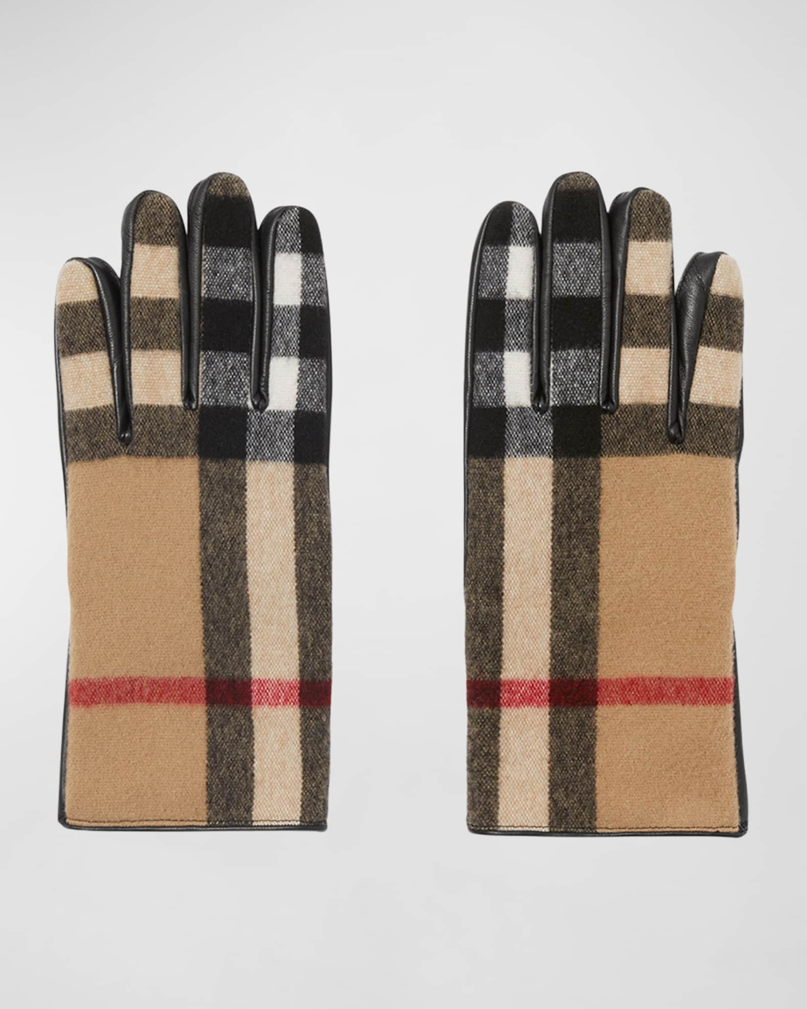 Burberry Men's Exaggerated Check Wool & Leather Gloves | Neiman Marcus