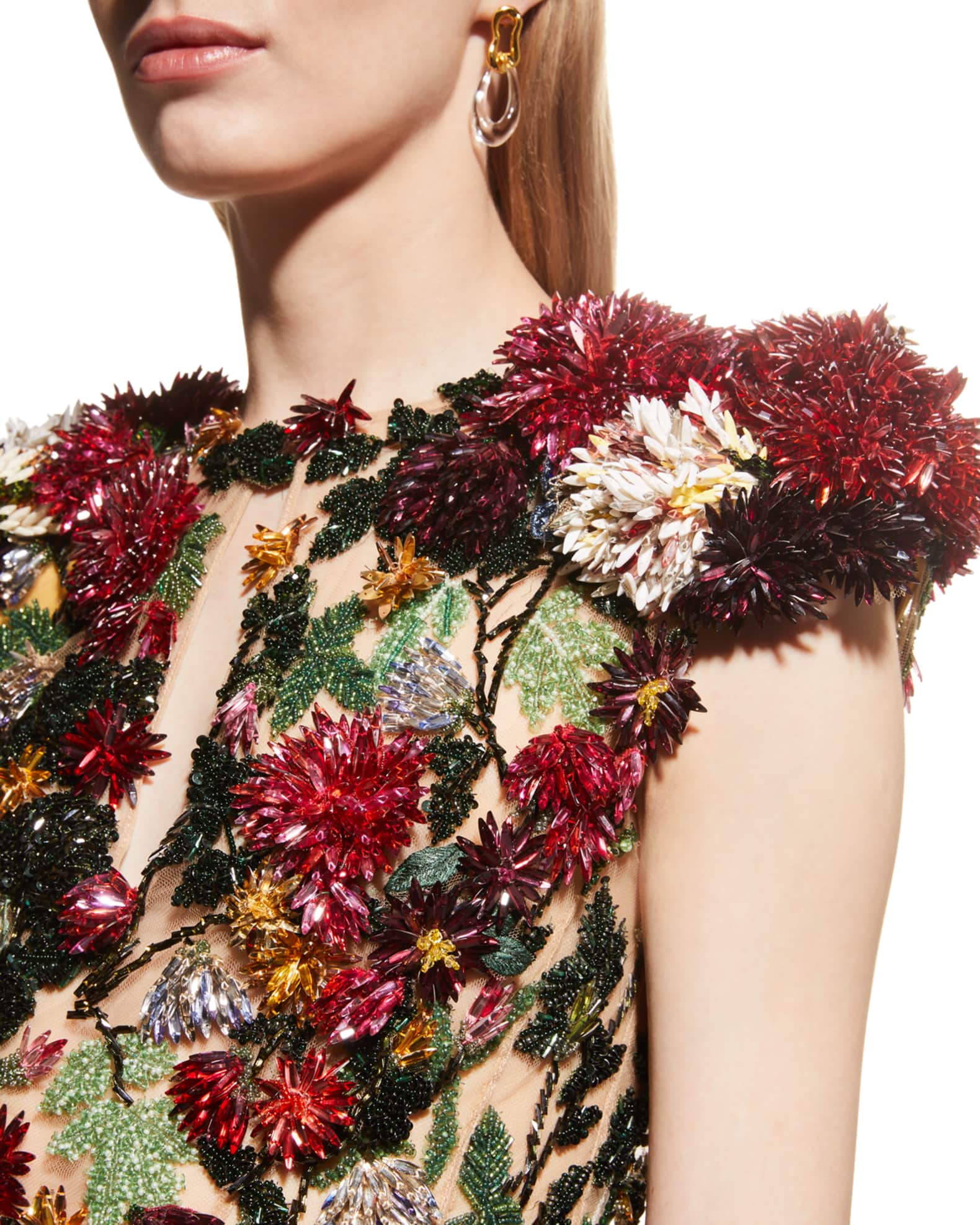 Oscar de la Renta Floral Beaded CapSleeve OpenBack Mini Dress