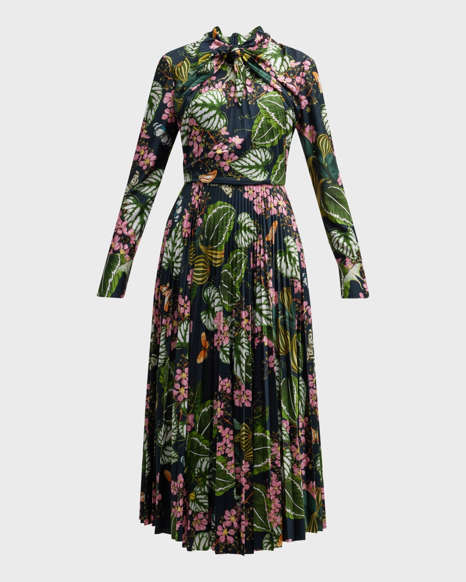 Oscar de la Renta Botanical-Print Neck-Knot Pleated Jersey Midi Dress ...
