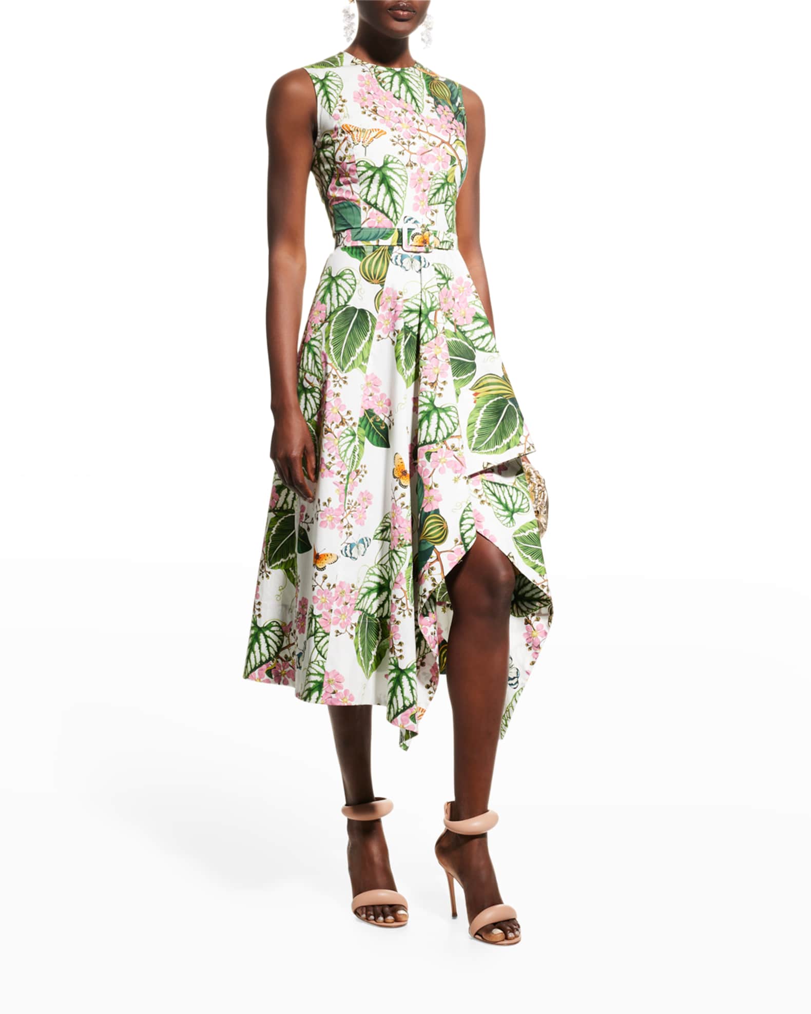 Oscar de la Renta Mixed Botanical Asymmetric Hem Dress | Neiman Marcus