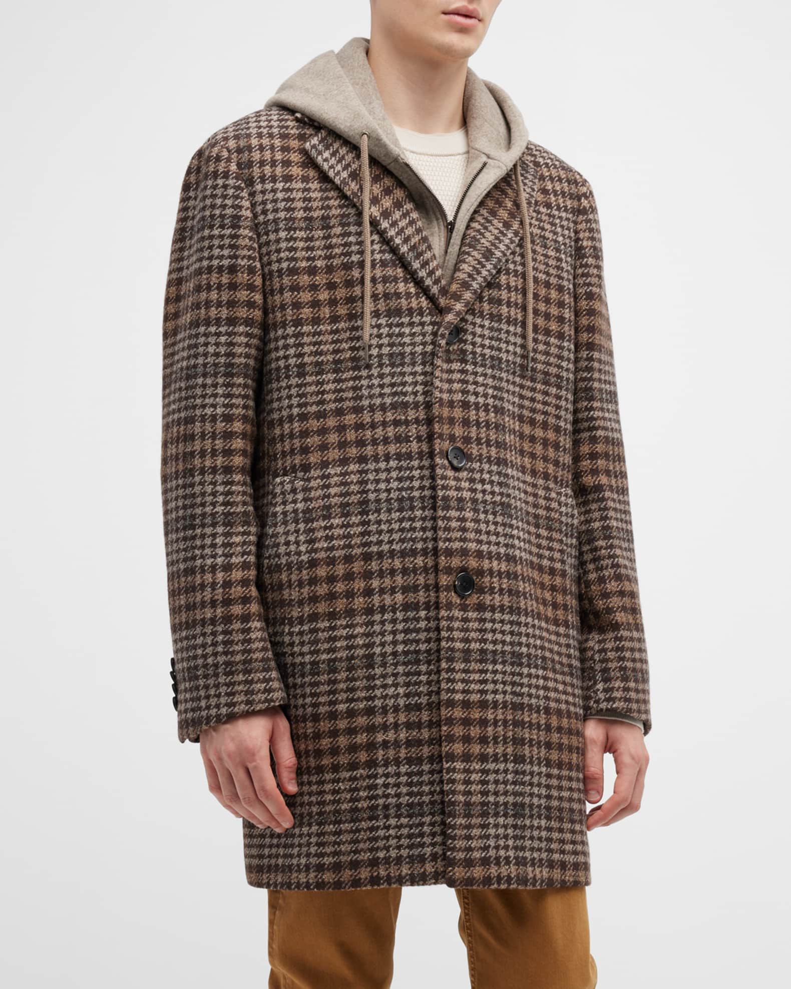 Men s Tristen Houndstooth Topcoat w Hooded Bib