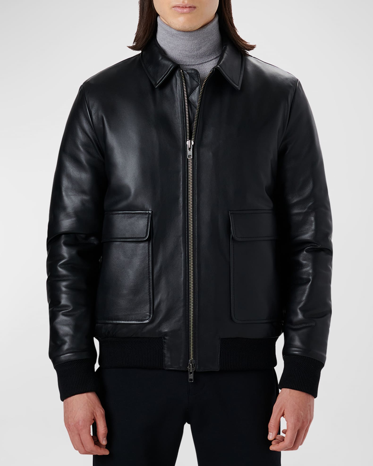 Bugatchi Men's Fill-Zip Leather Bomber Jacket | Neiman Marcus