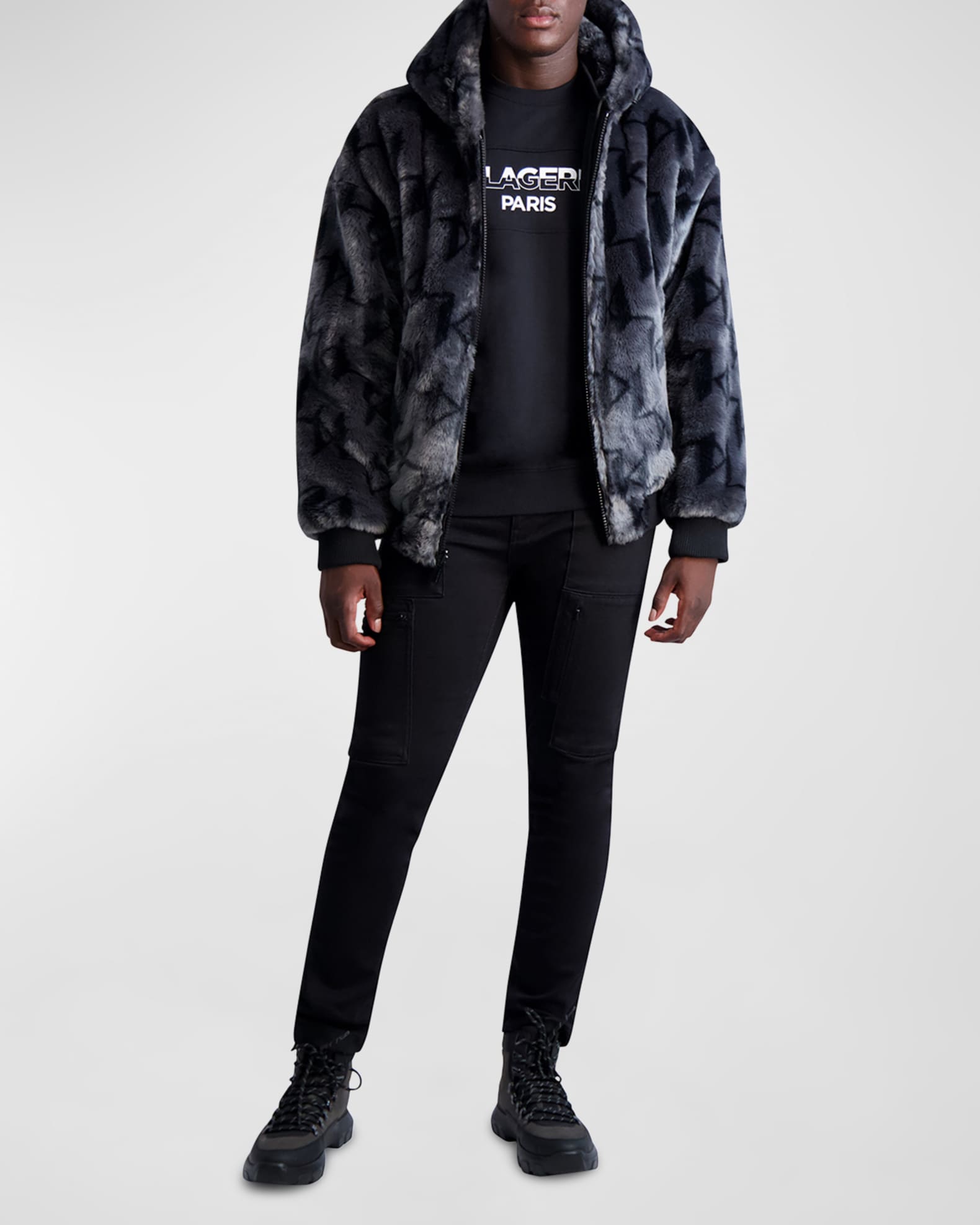 Karl Lagerfeld Paris Faux Fur Bomber Jacket in Black