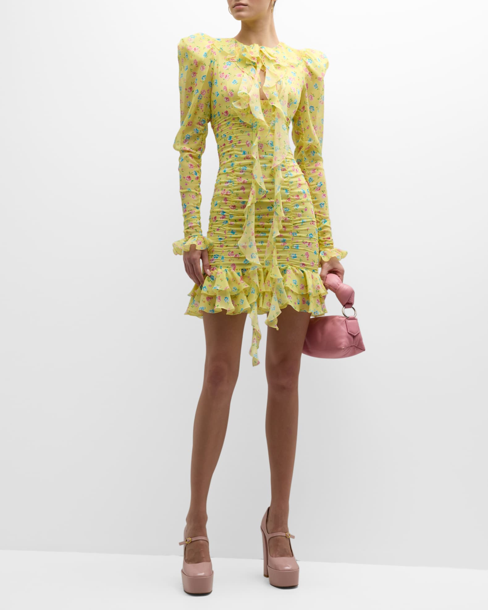 Alessandra Rich Violet Floral Ruched Mini Dress | Neiman Marcus