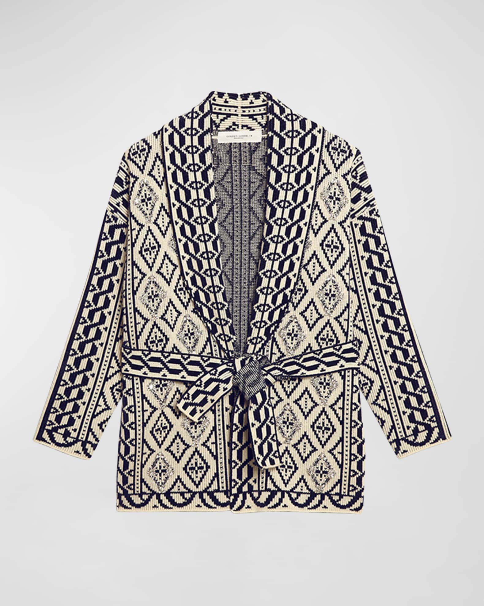 Belted jacquard cardigan deals