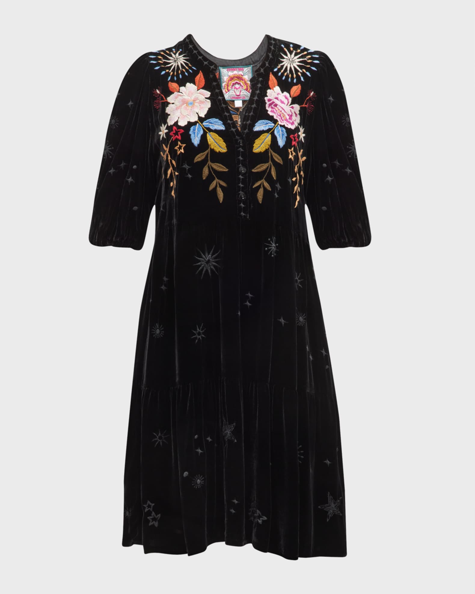 Johnny Was Celestin Embroidered PuffSleeve Velvet Dress Neiman Marcus