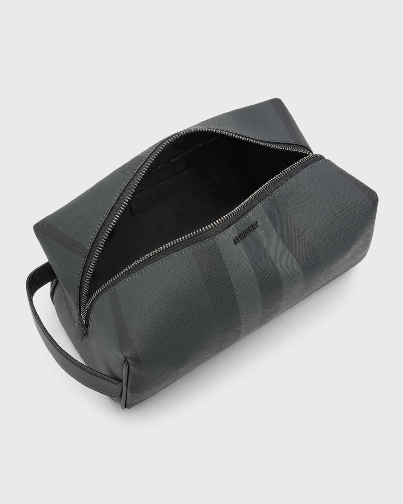Burberry Men s Charcoal Check Leather Travel Zip Pouch Neiman Marcus