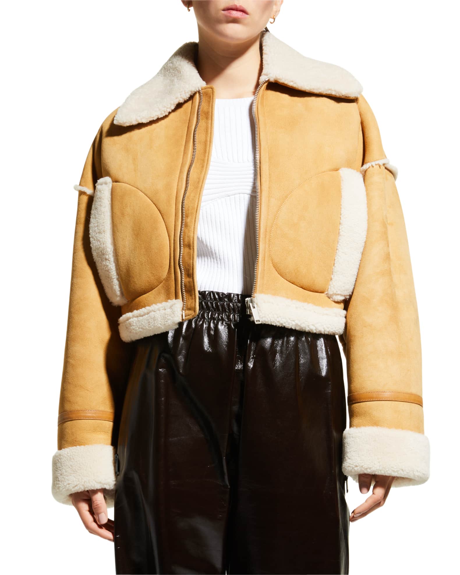 HALFBOY Cropped Aviator Jacket w/ Shearling Trim Neiman Marcus