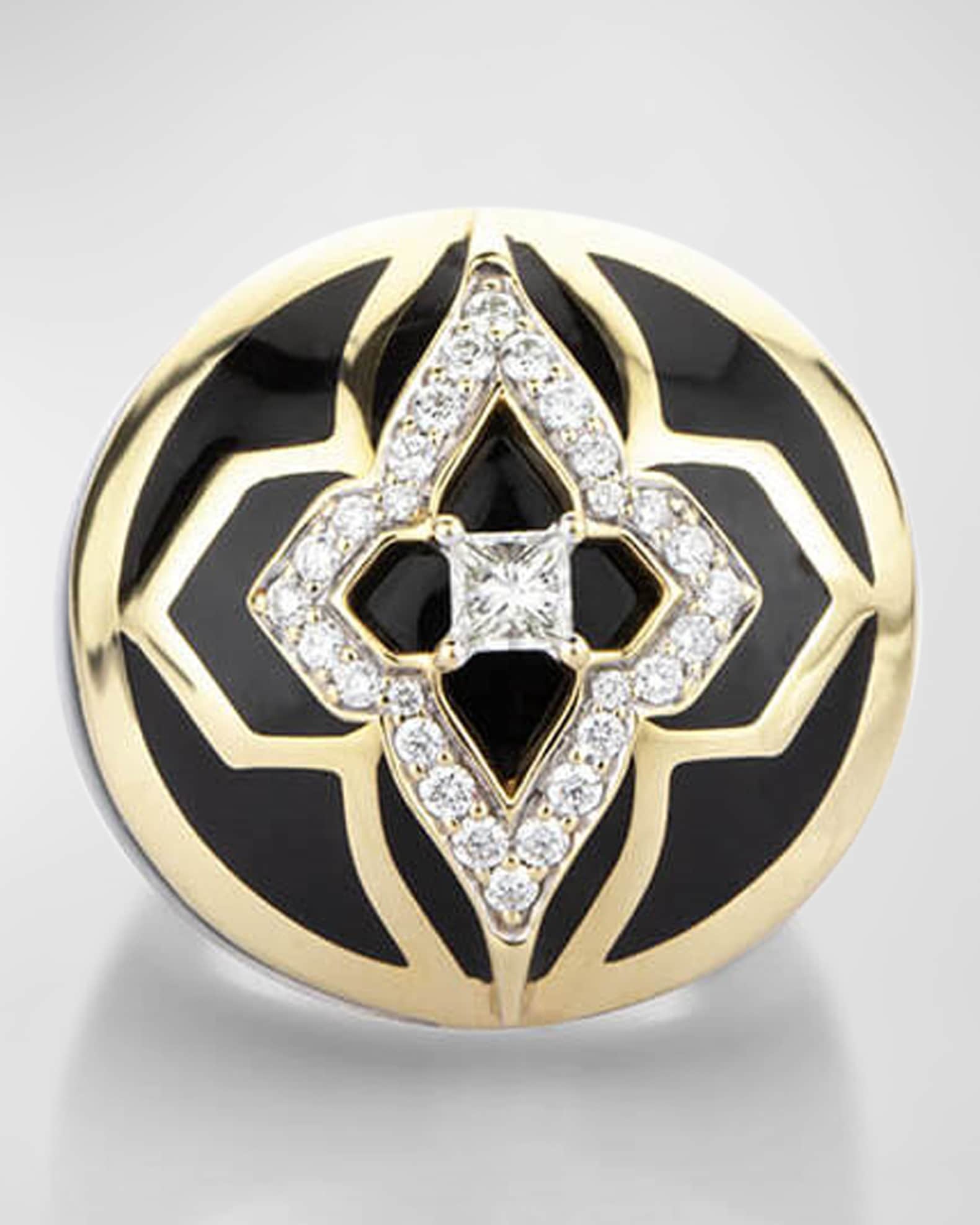 18K Yellow Gold Piano Black New York Globetrotter Ring, Size 7 0