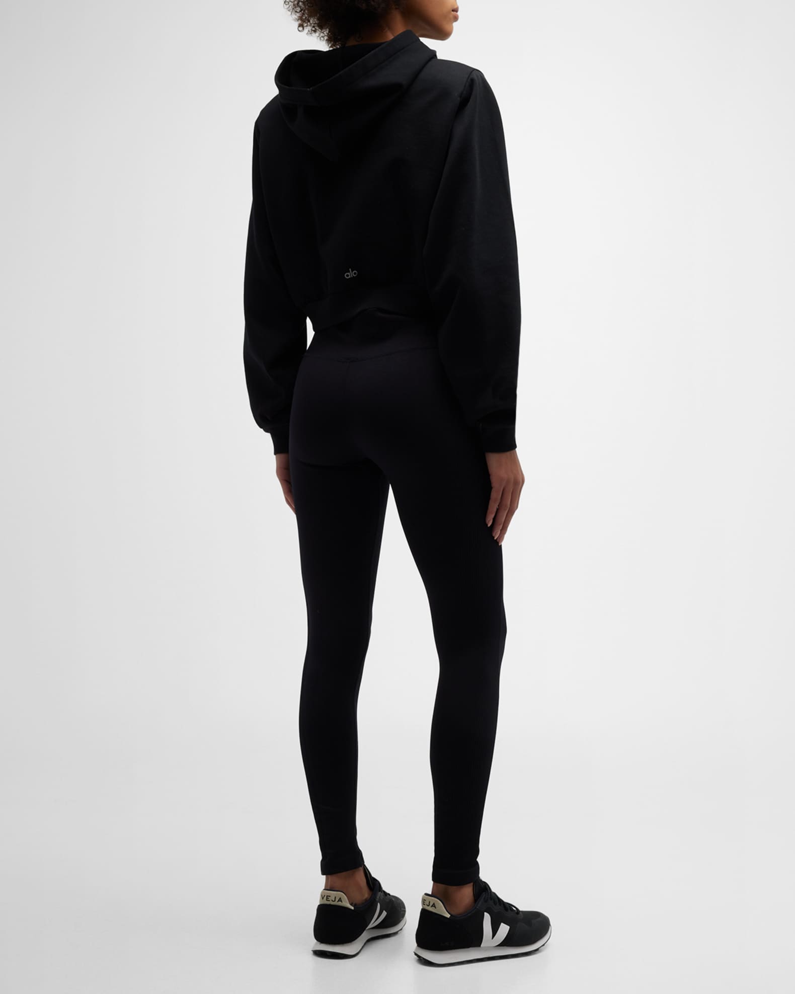 alo Cropped Go Time Padded Hoodie in Black