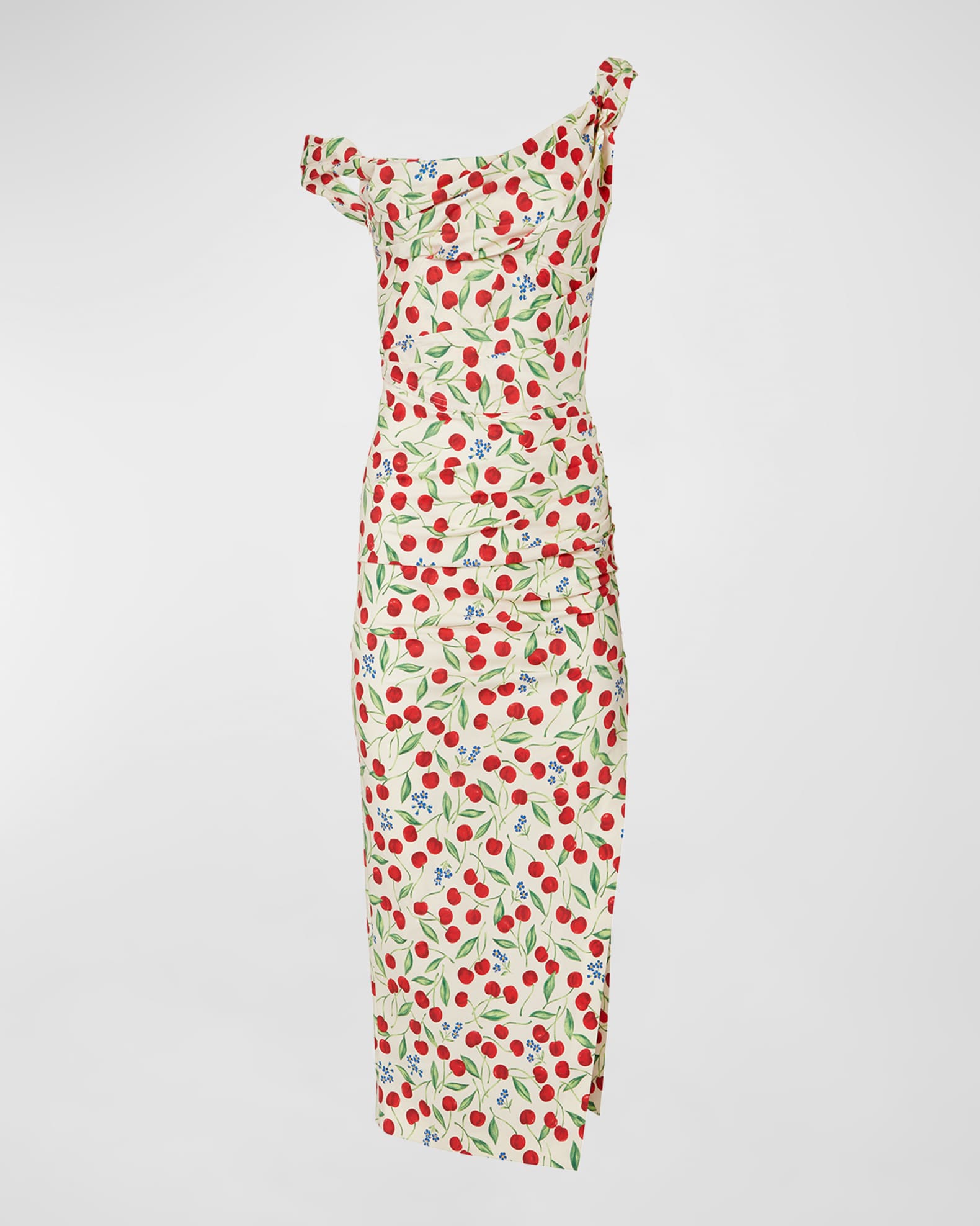 Carolina Herrera Cherry Printed Off-Shoulder Midi Dress | Neiman Marcus