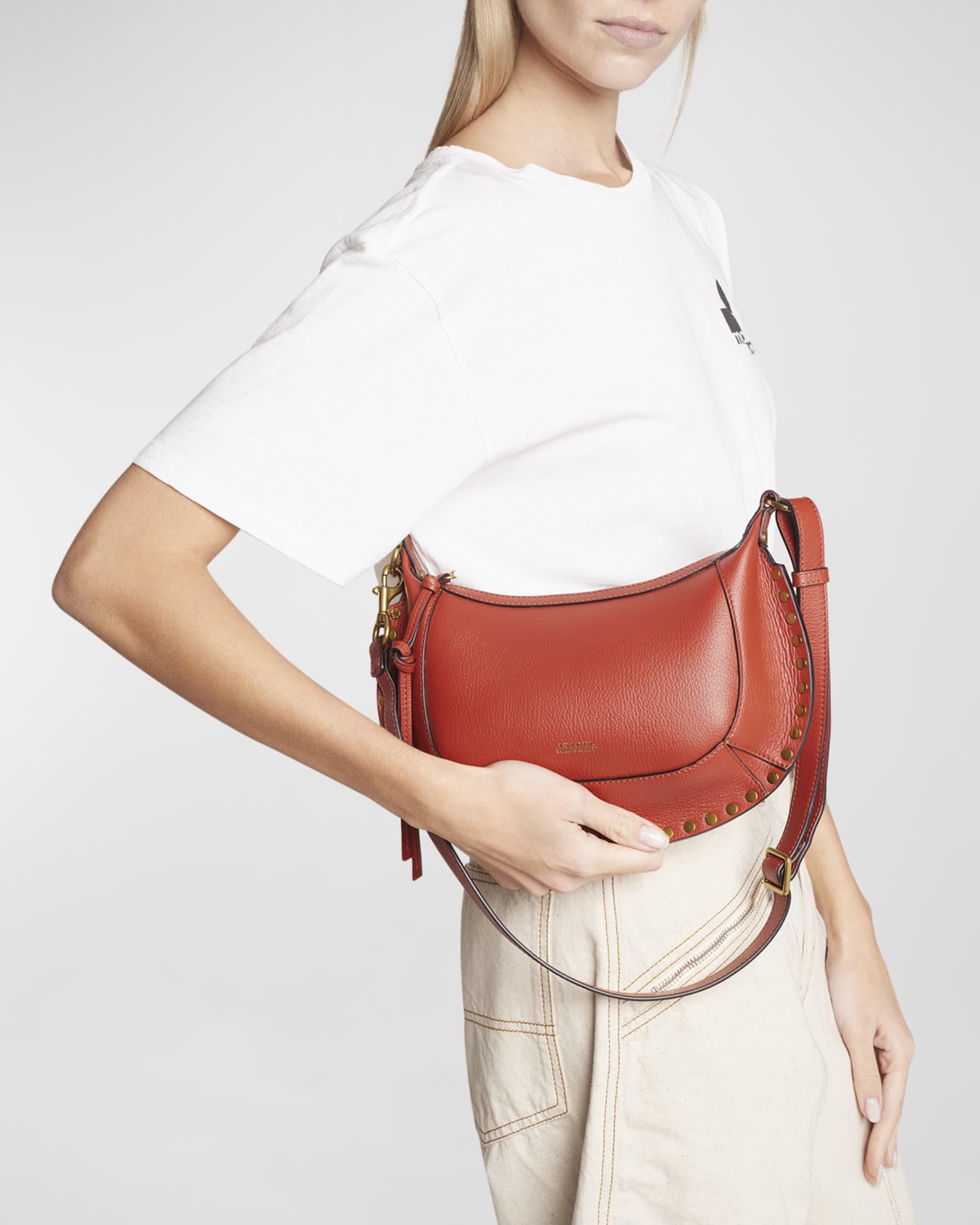 Women's Oskan Moon Grainy Leather Shoulder Bag In Light Beige