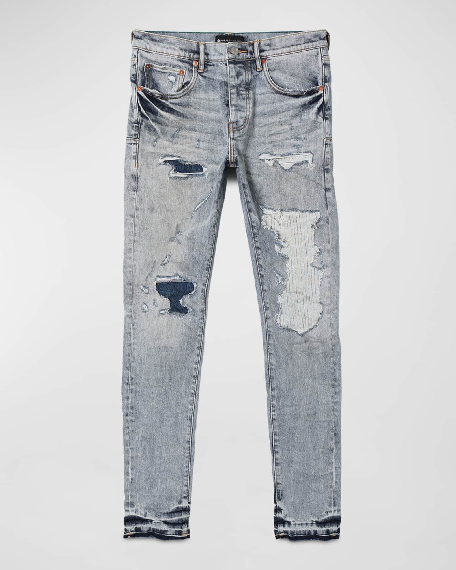 PURPLE Men's Washed Stitch Patch Repair Jeans Neiman Marcus