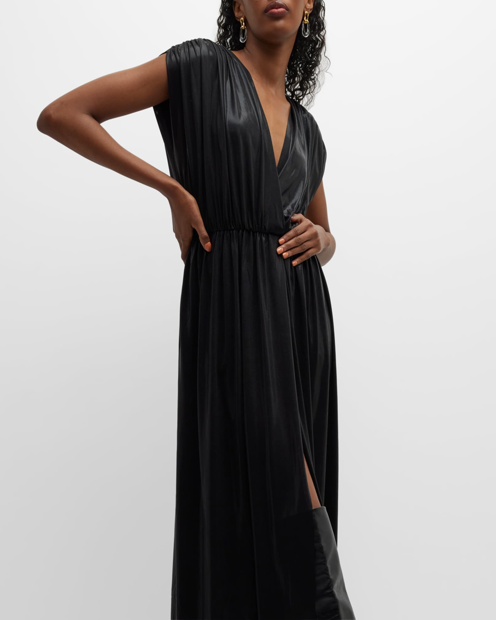 Norma Kamali Athena Deep V Lame Slit Gown | Neiman Marcus