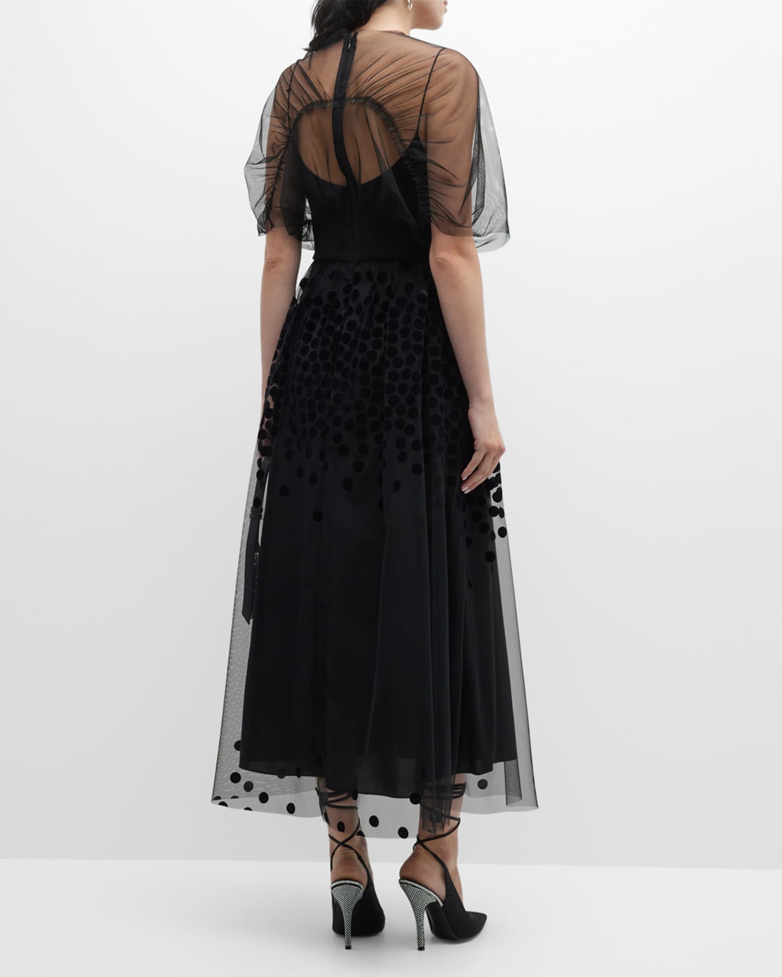 Lela Rose V-Neck Flocked Polka-Dot Tulle Tea-Length Dress | Neiman Marcus