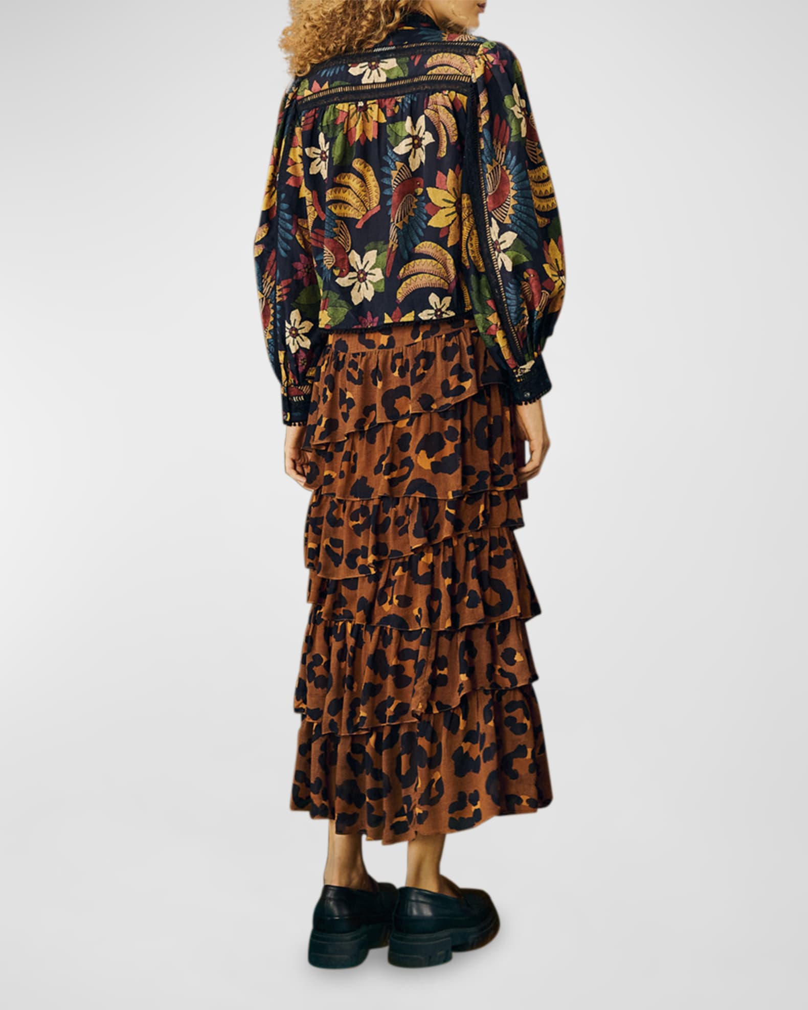 Farm Rio Macaw Ballet Ladder-Stitch Neck-Tie Blouse | Neiman Marcus