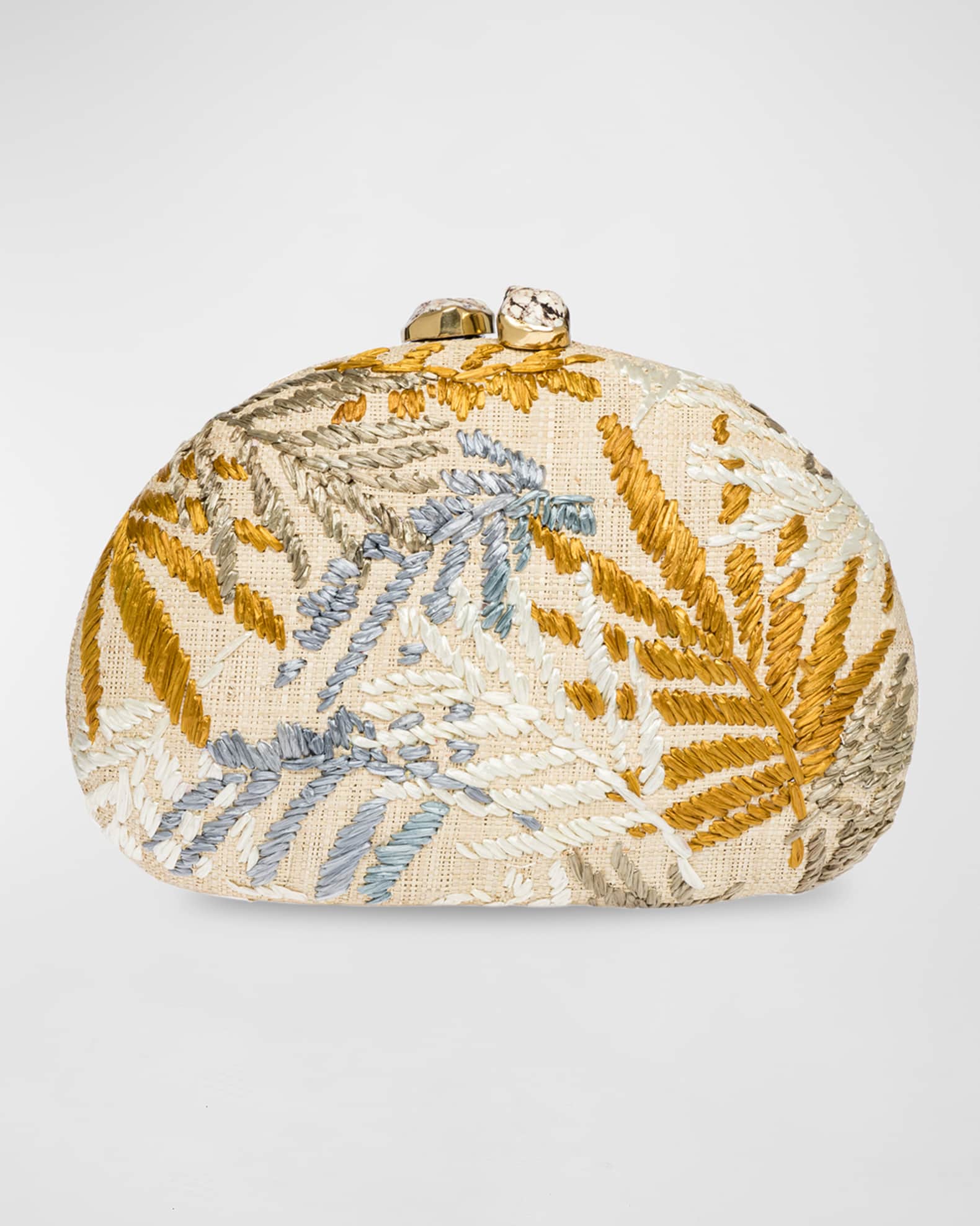 Rafe Berna Embroidered Palm Leaves Straw Clutch Bag Natural / Gold