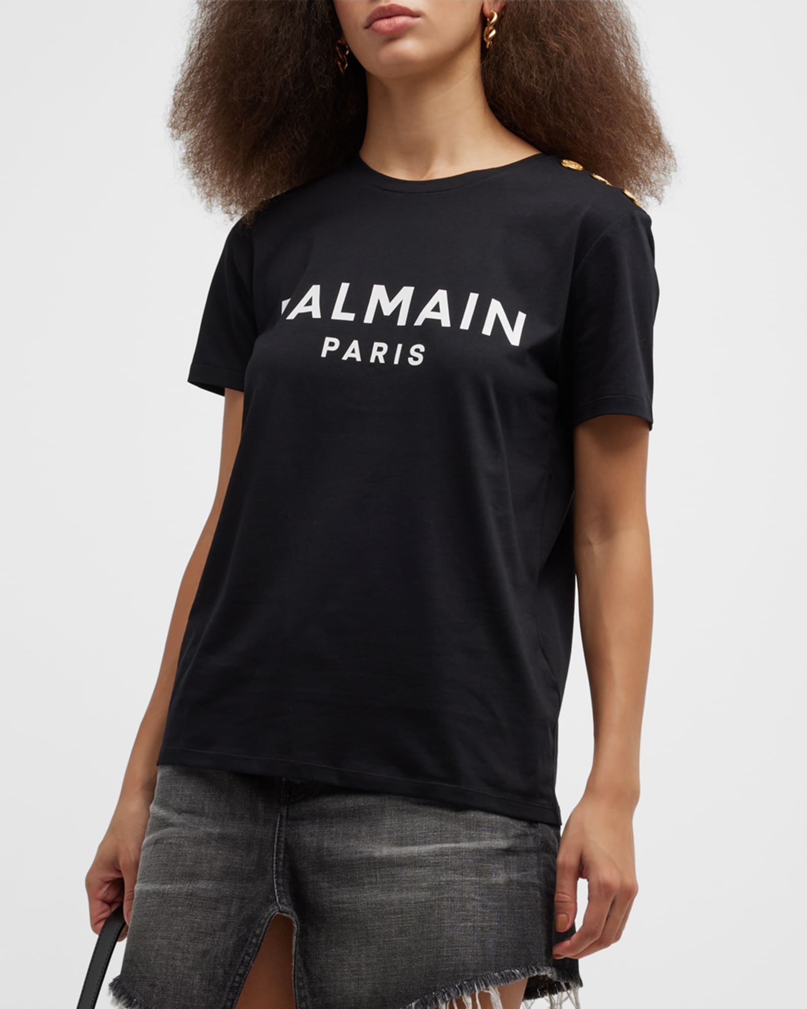 Balmain 3-Button Flocked Logo T-Shirt | Neiman Marcus
