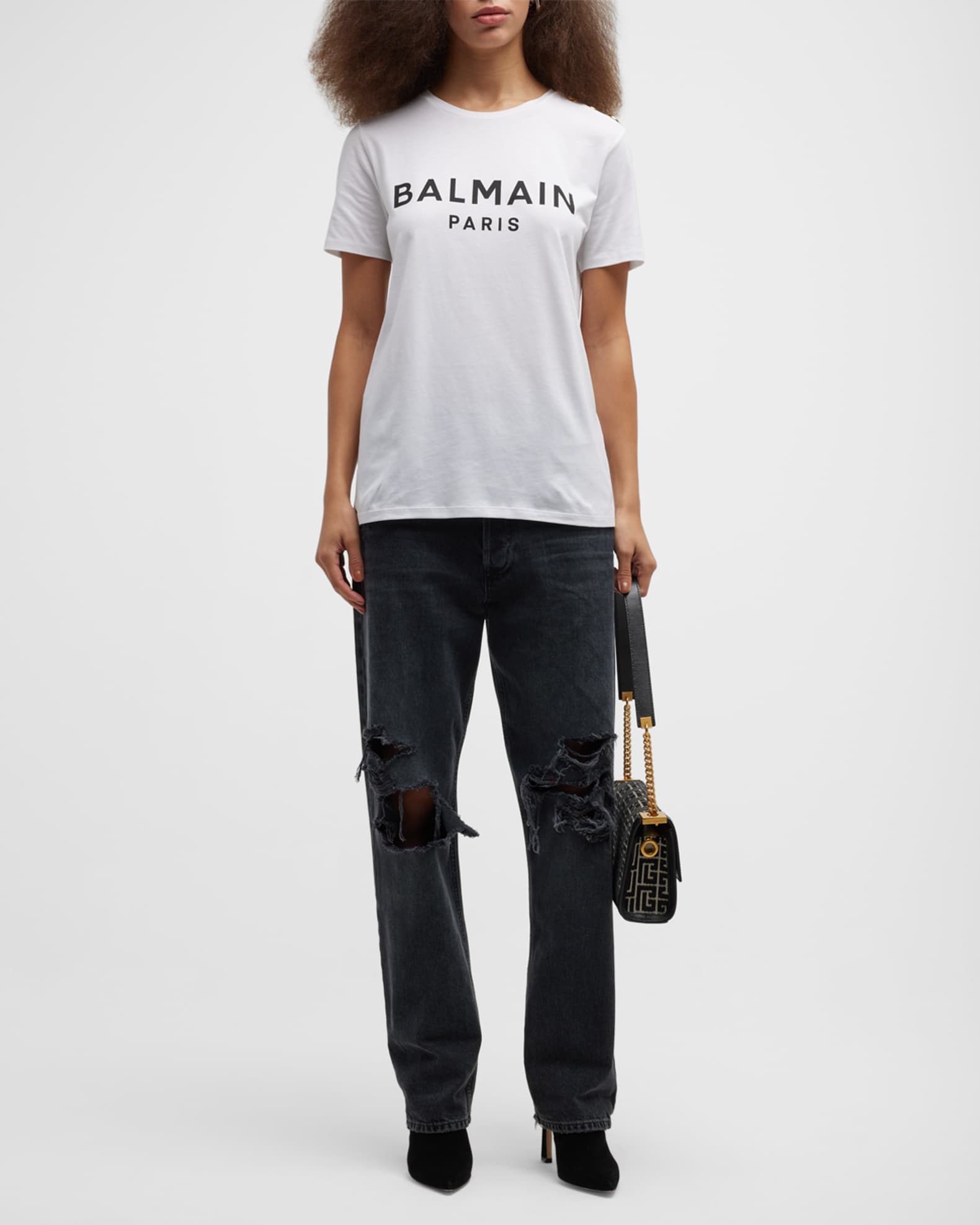 Balmain 3-Button Flocked Logo T-Shirt | Neiman Marcus