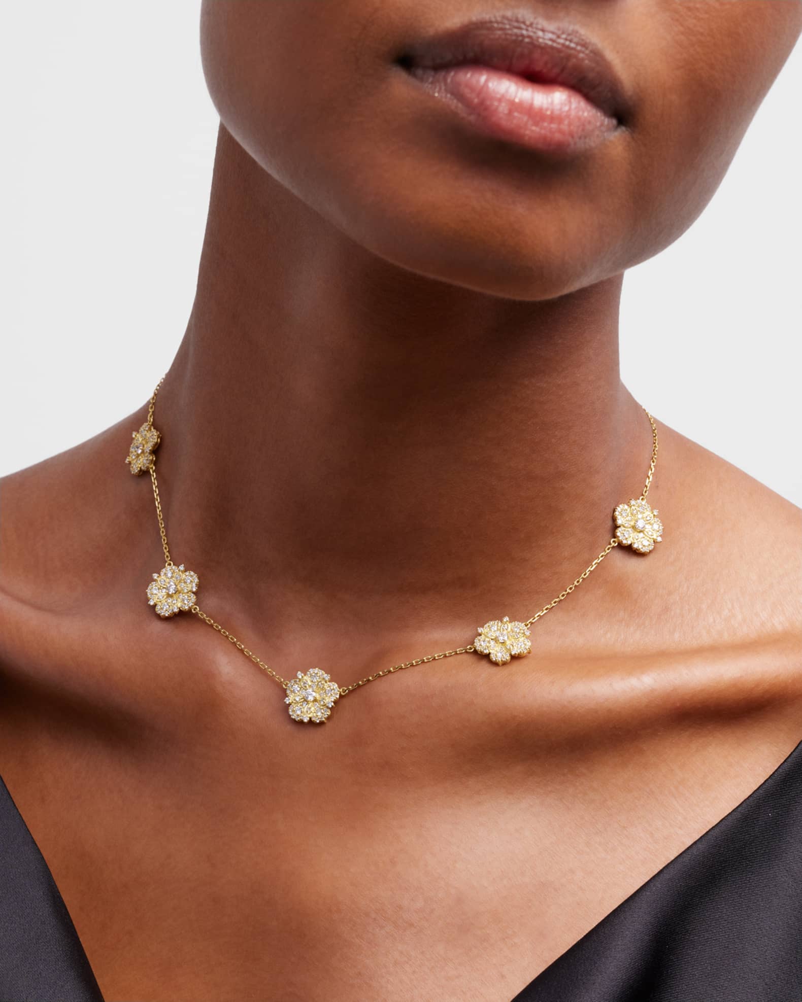 Tanya Farah 18K Yellow Gold Diamond 5Flower Station Necklace Neiman
