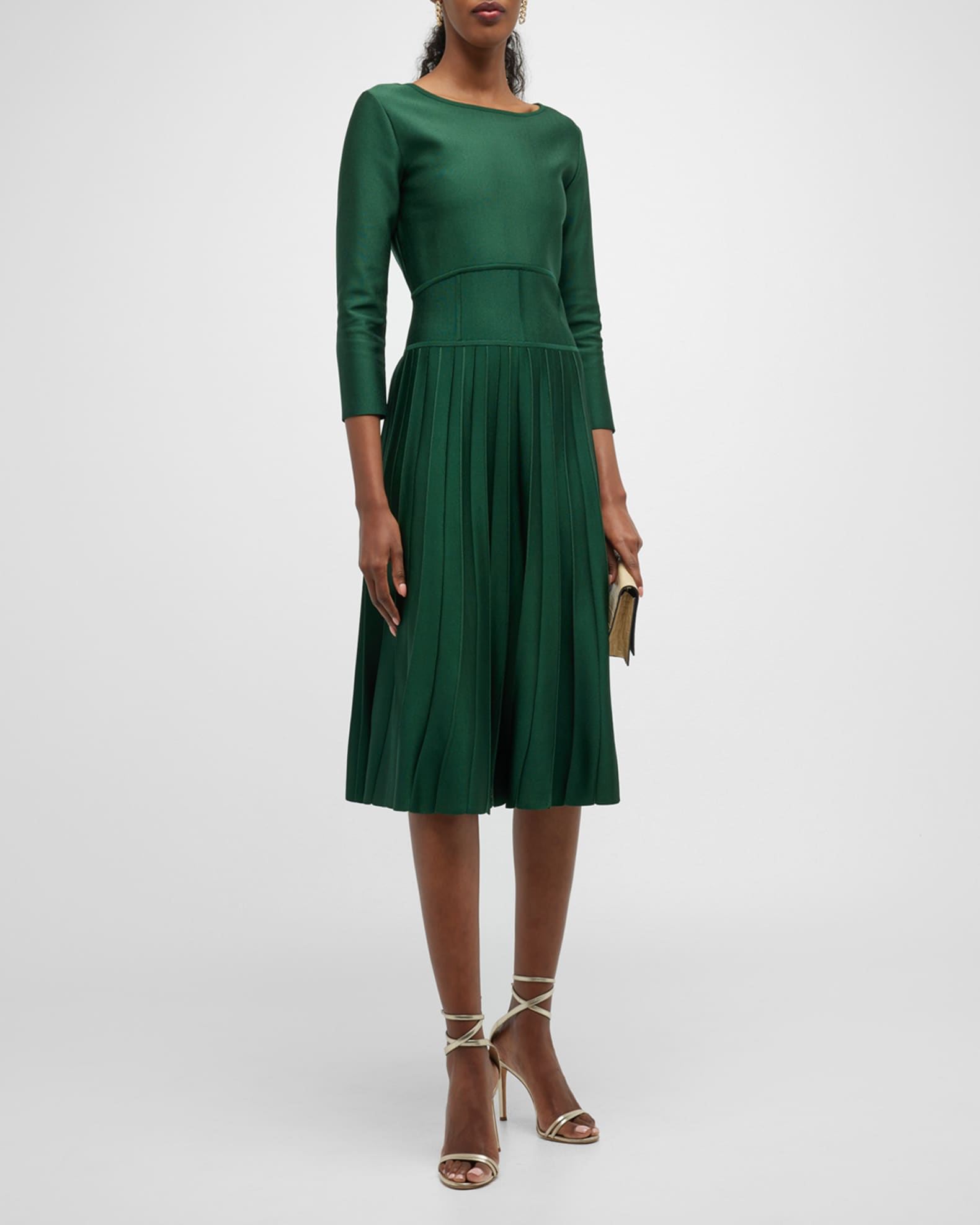 Carolina Herrera Corset-Waist Pleated Midi Dress | Neiman Marcus
