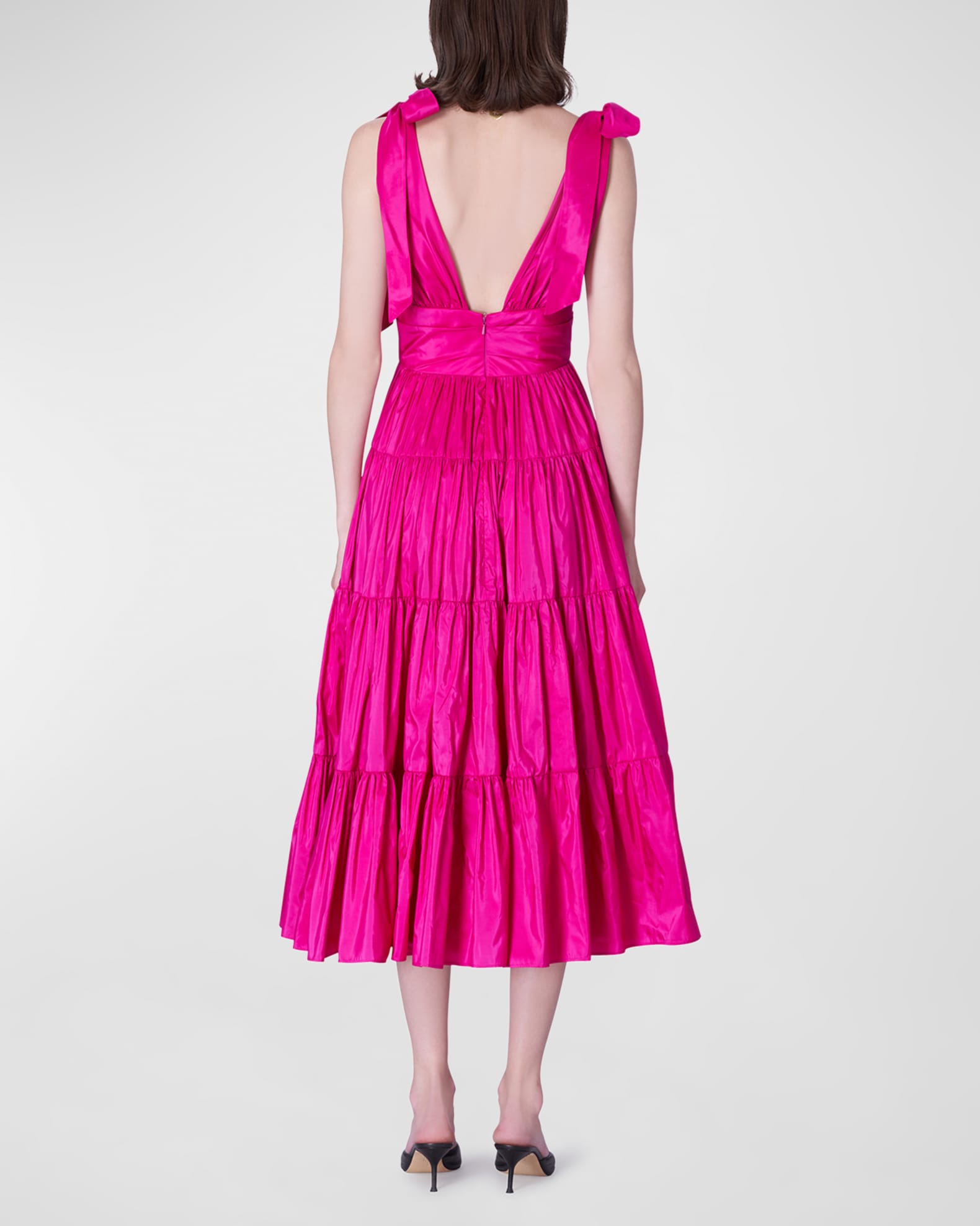Carolina Herrera Plunging Shoulder-Bow Tiered Midi Dress | Neiman Marcus