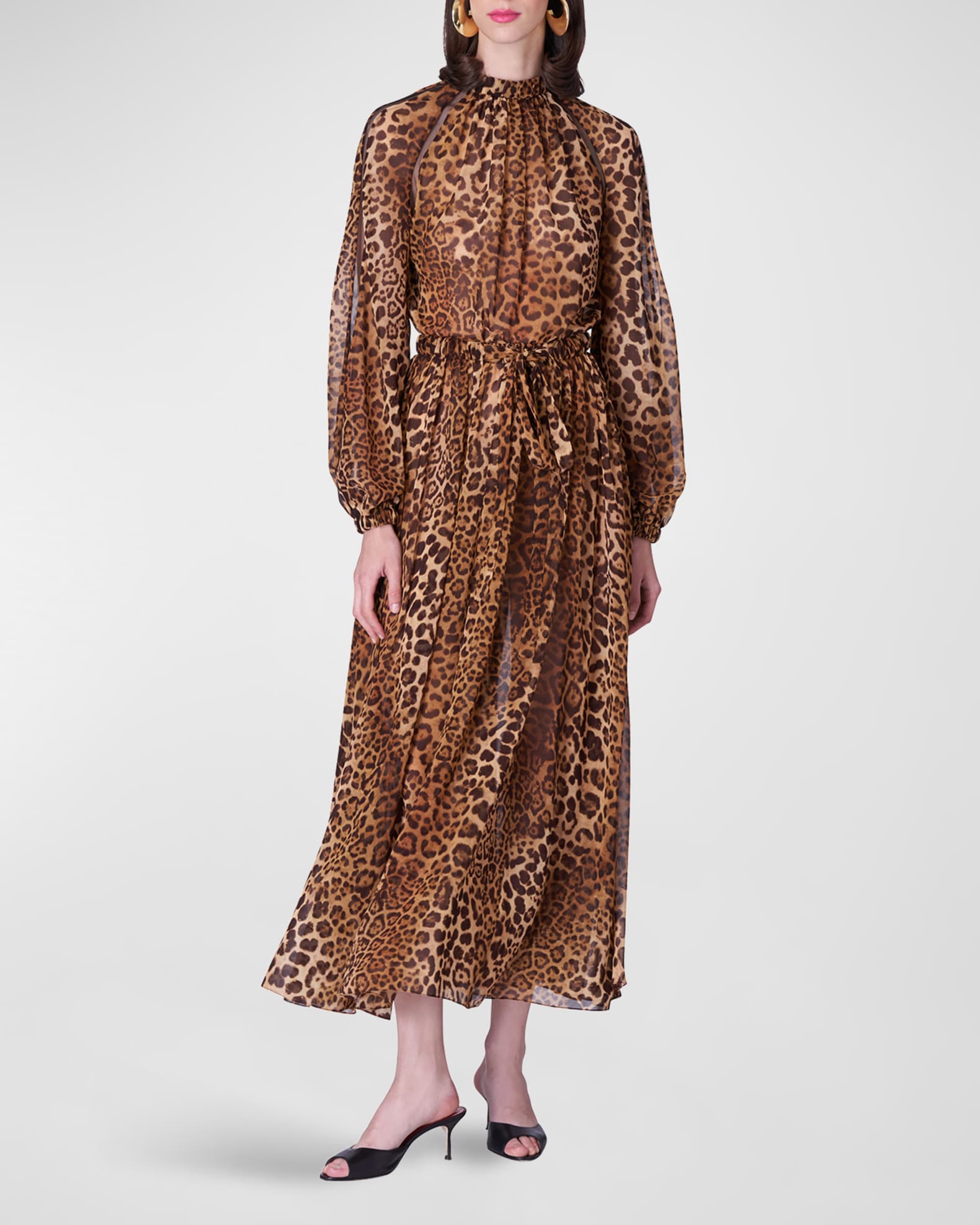 Carolina Herrera Leopard-Print Gathered Neck-Tie Midi Dress | Neiman Marcus