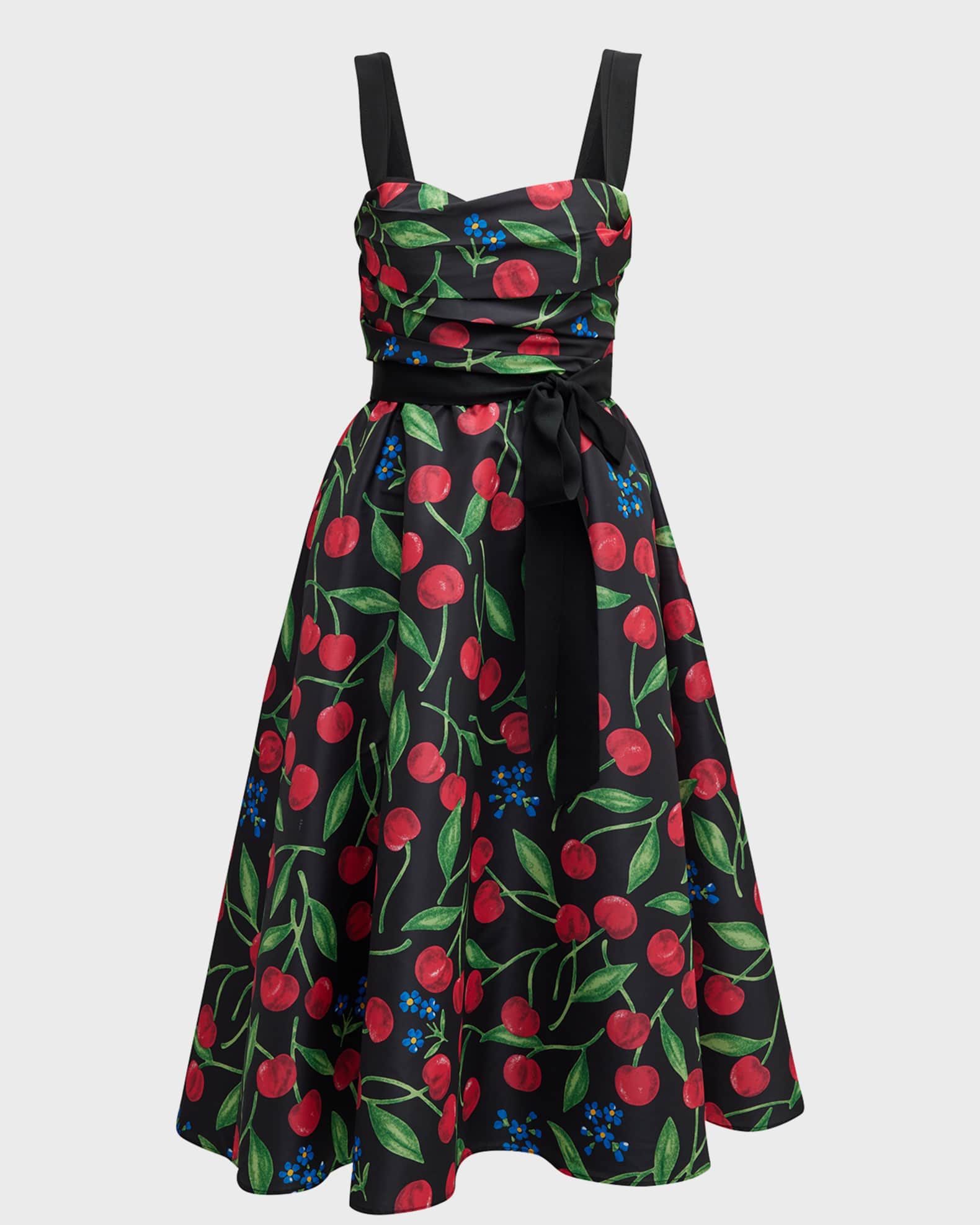 Carolina Herrera Cherry-Print Draped Sash Midi Dress | Neiman Marcus