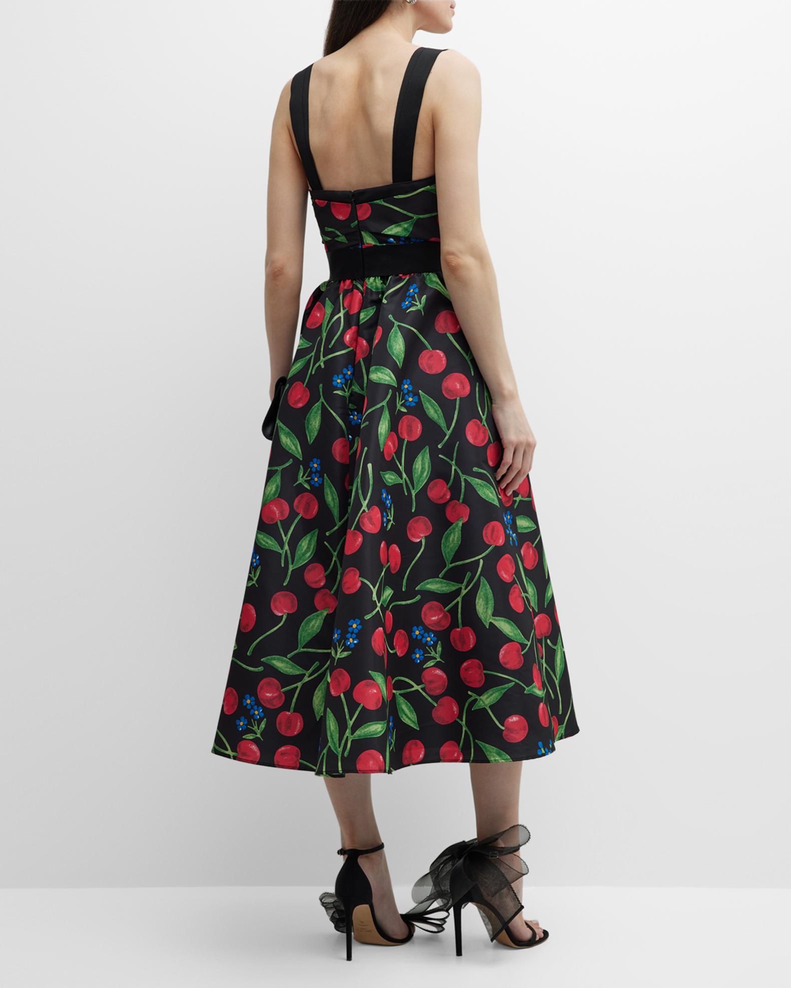 Carolina Herrera Cherry-Print Draped Sash Midi Dress | Neiman Marcus