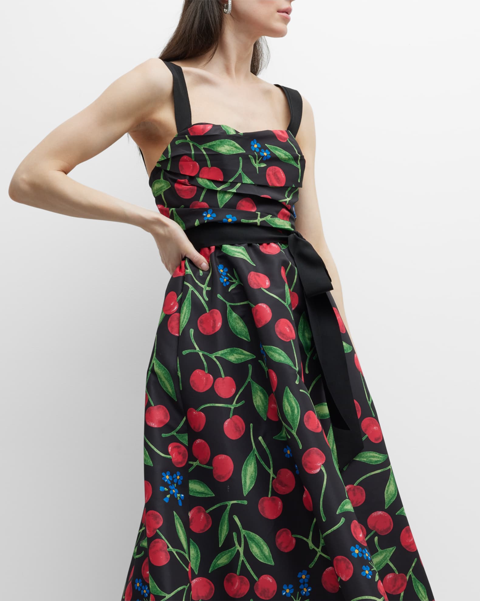 Carolina Herrera Cherry-Print Draped Sash Midi Dress | Neiman Marcus