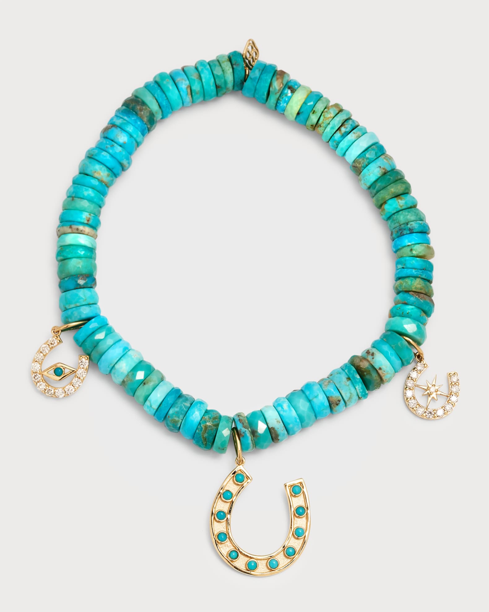 Multi Lucky Horseshoe Charm on Arizona Turquoise Faceted Wheel Bracelet 0