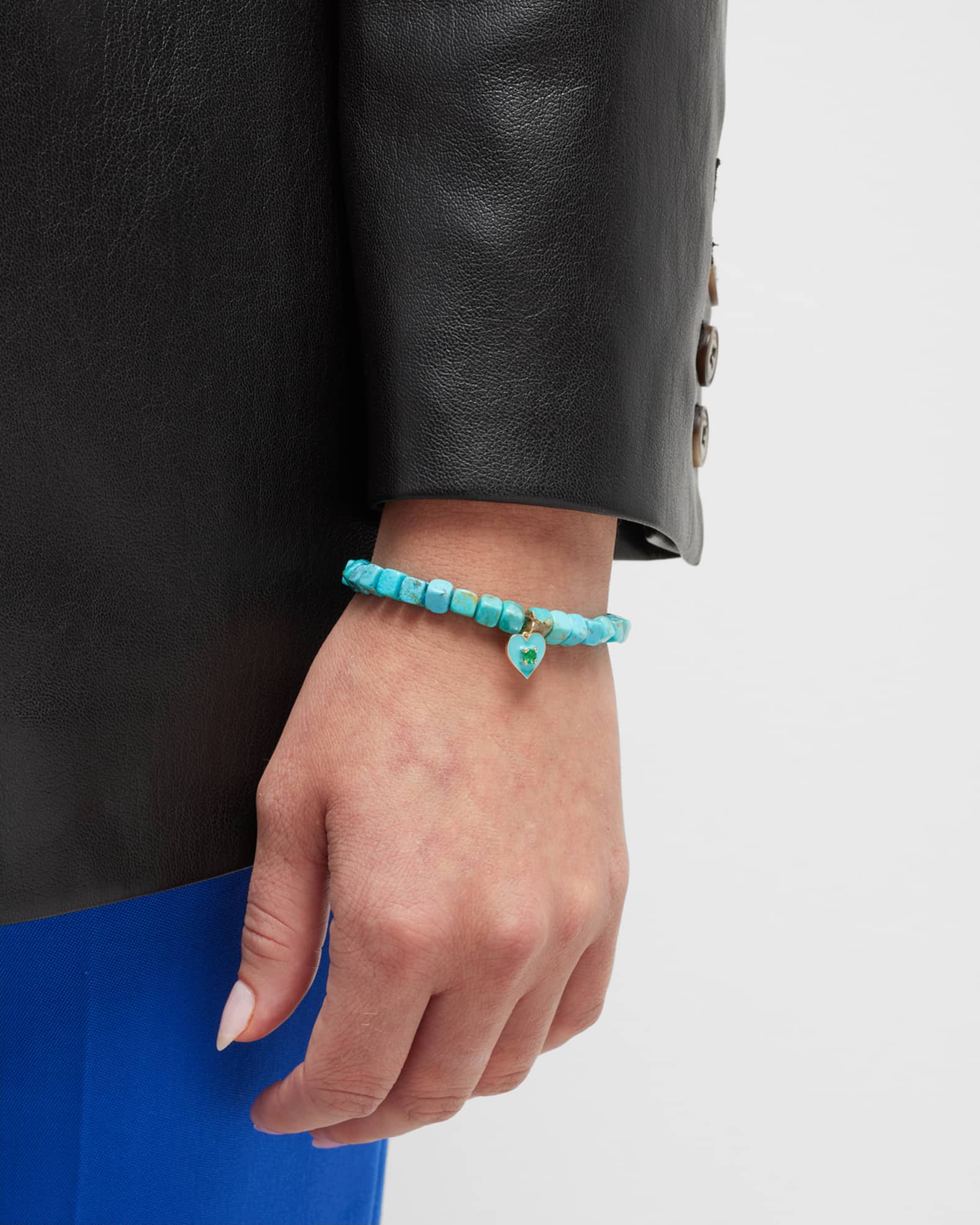 Enamel Heart with Prong-Set Stone on Turquoise Smooth Cube Bracelet 1