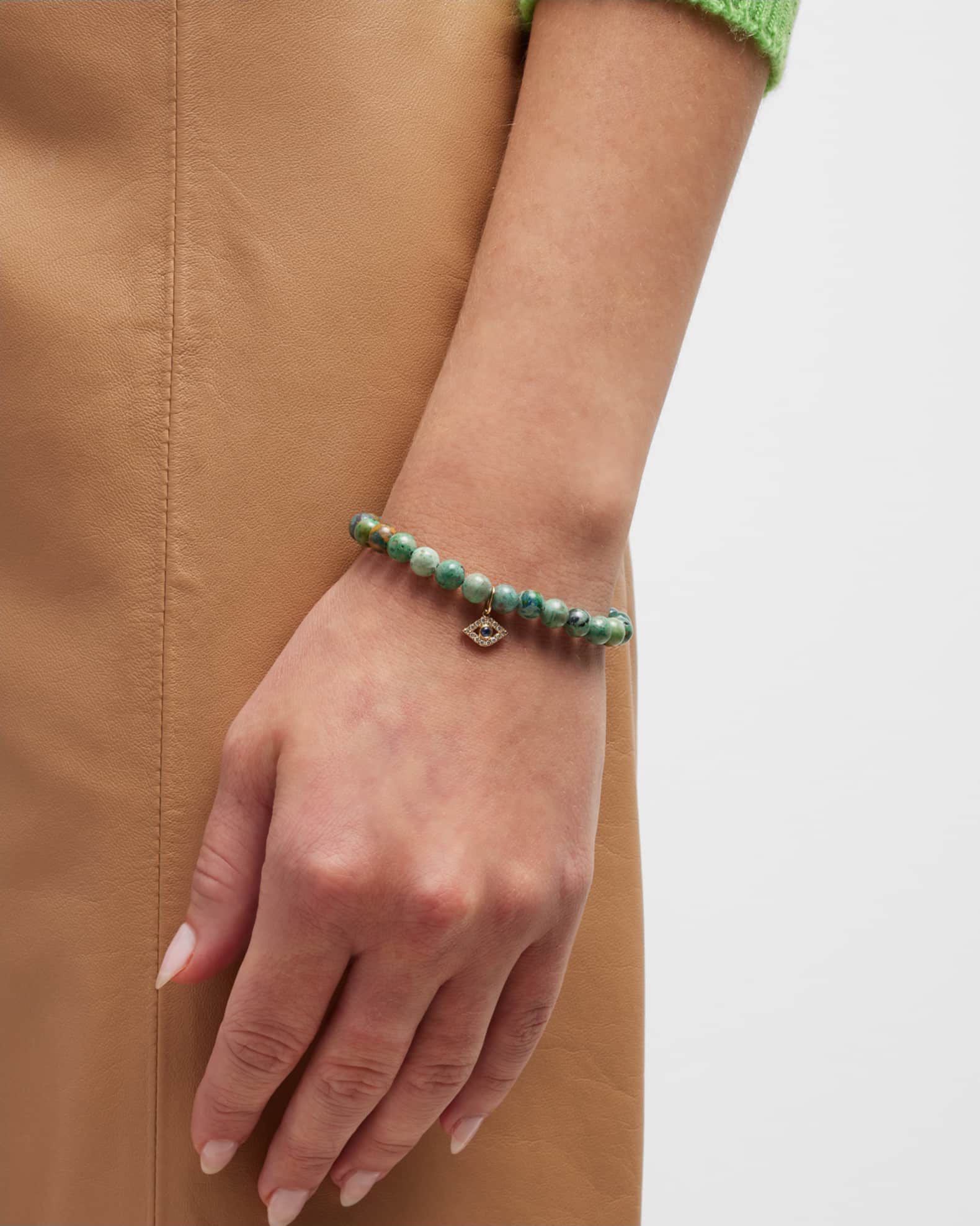 Large Bezel Evil Eye Charm on Smooth Round Chrysocolla Bracelet 1