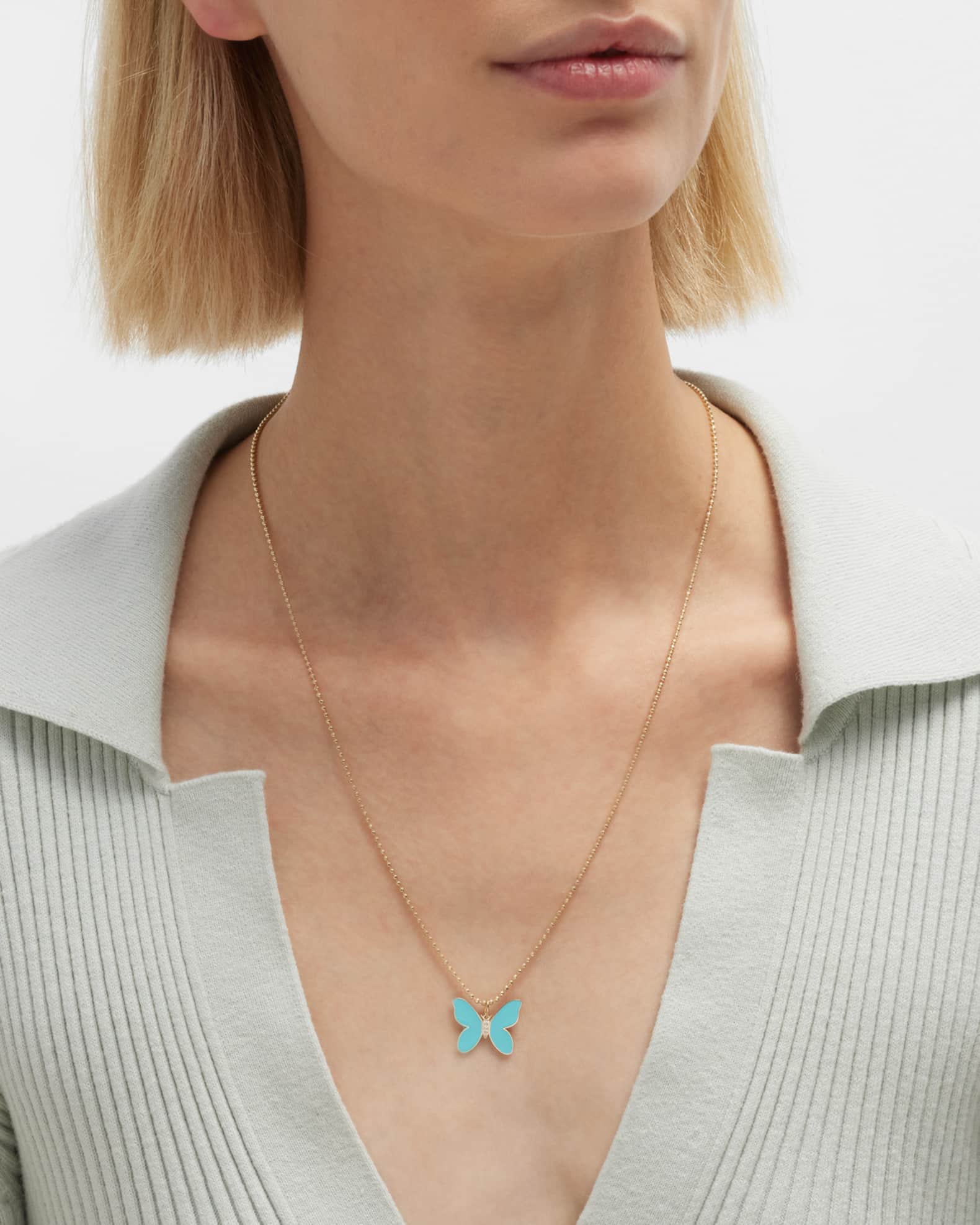 14K Enamel Butterfly Pendant on Heavy Bolita Chain Necklace 1