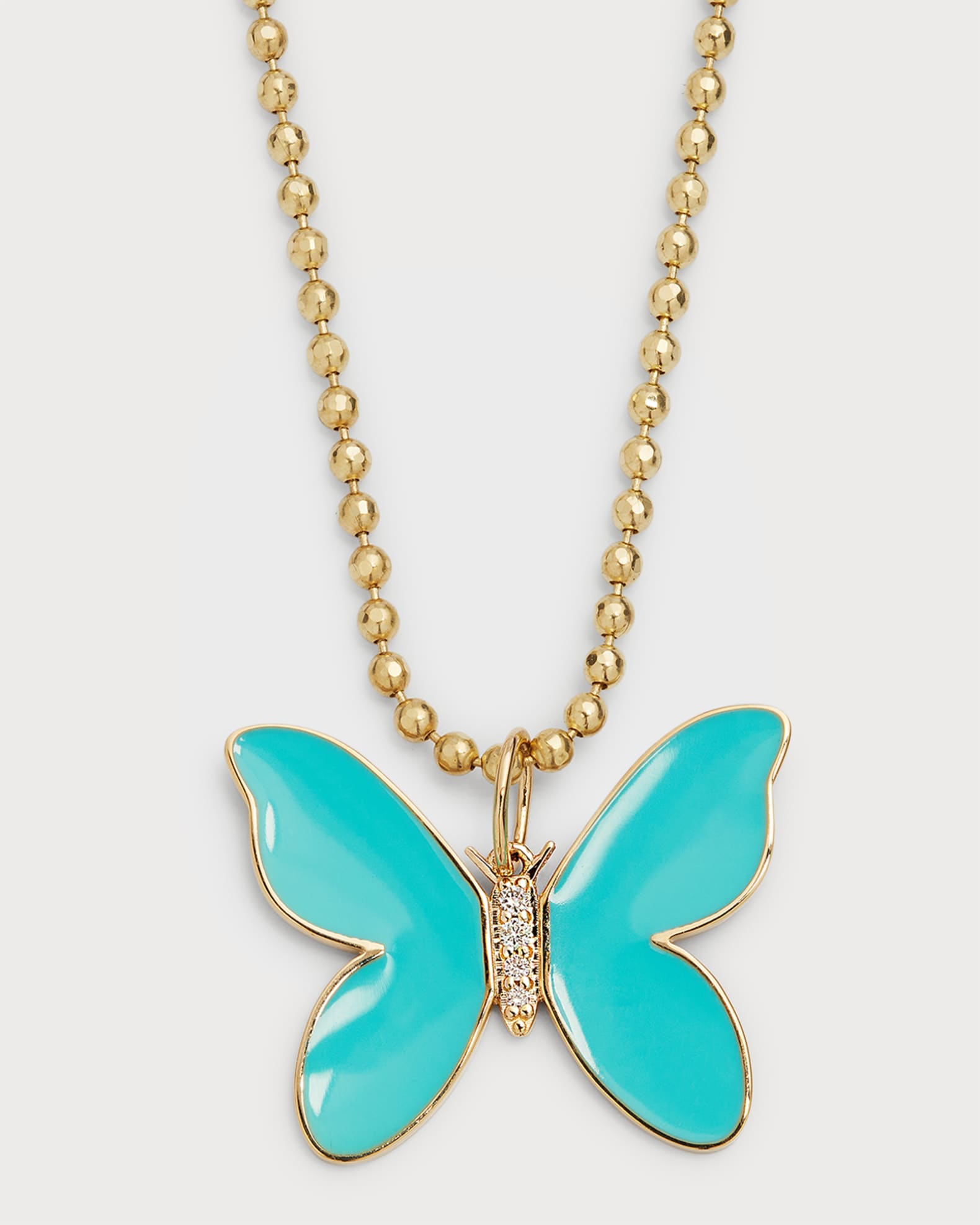 14K Enamel Butterfly Pendant on Heavy Bolita Chain Necklace 0
