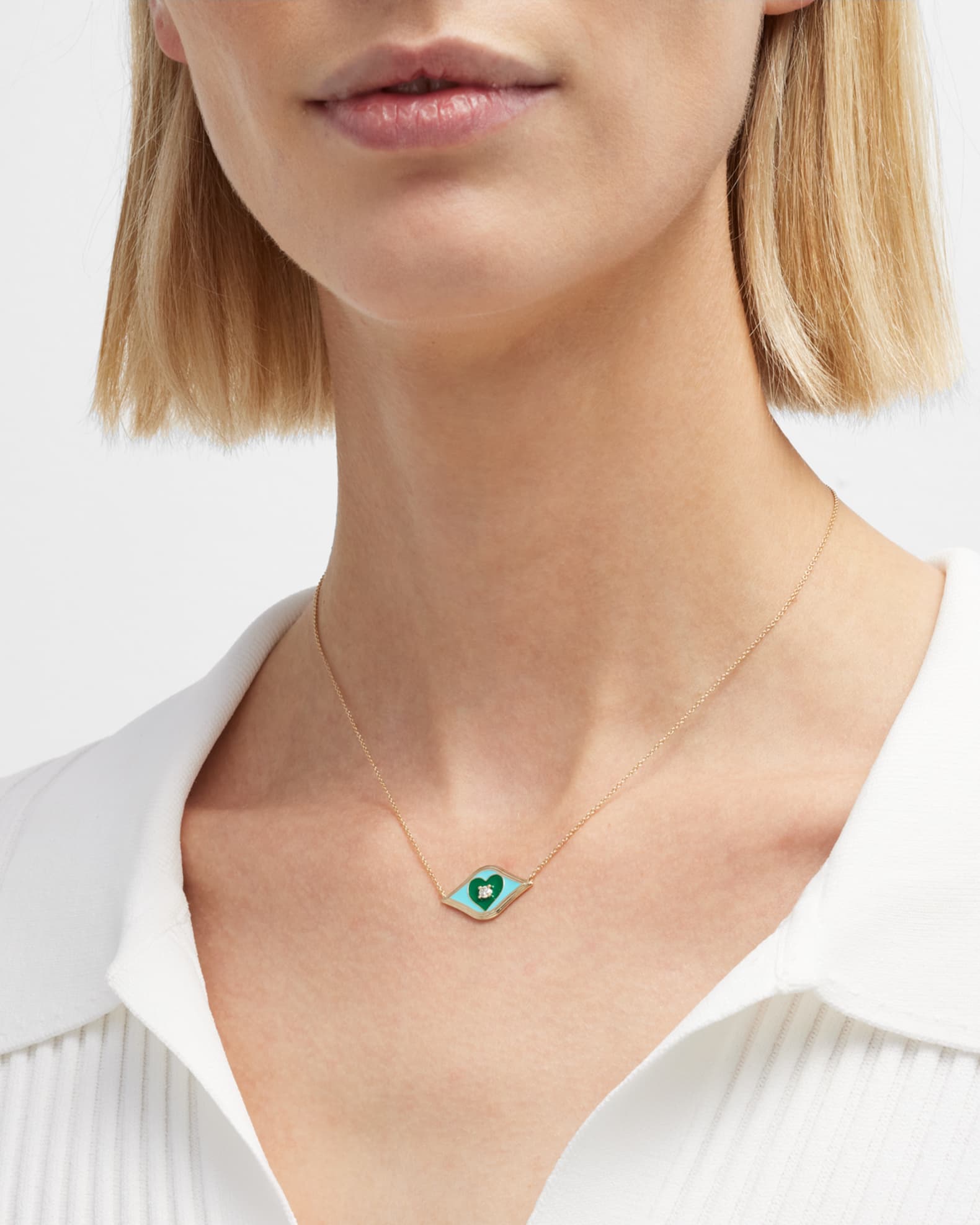 14K Fluted Enamel Evil Eye Heart Pendant Necklace 1